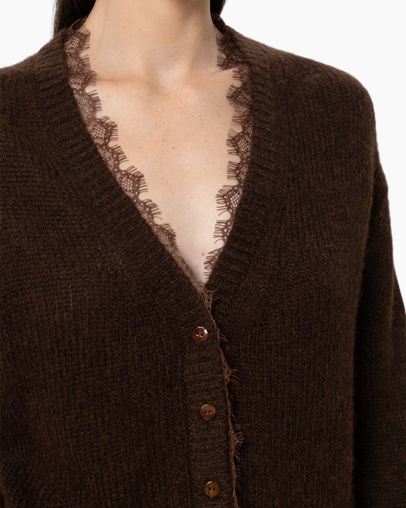 cardigan, bruin, kant-trim, knopjes, breiwerk