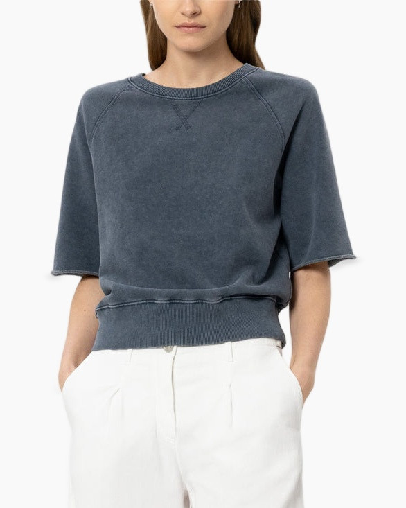 sweatshirt, midweight, korte mouwen, crewneck, gewassen-blauw