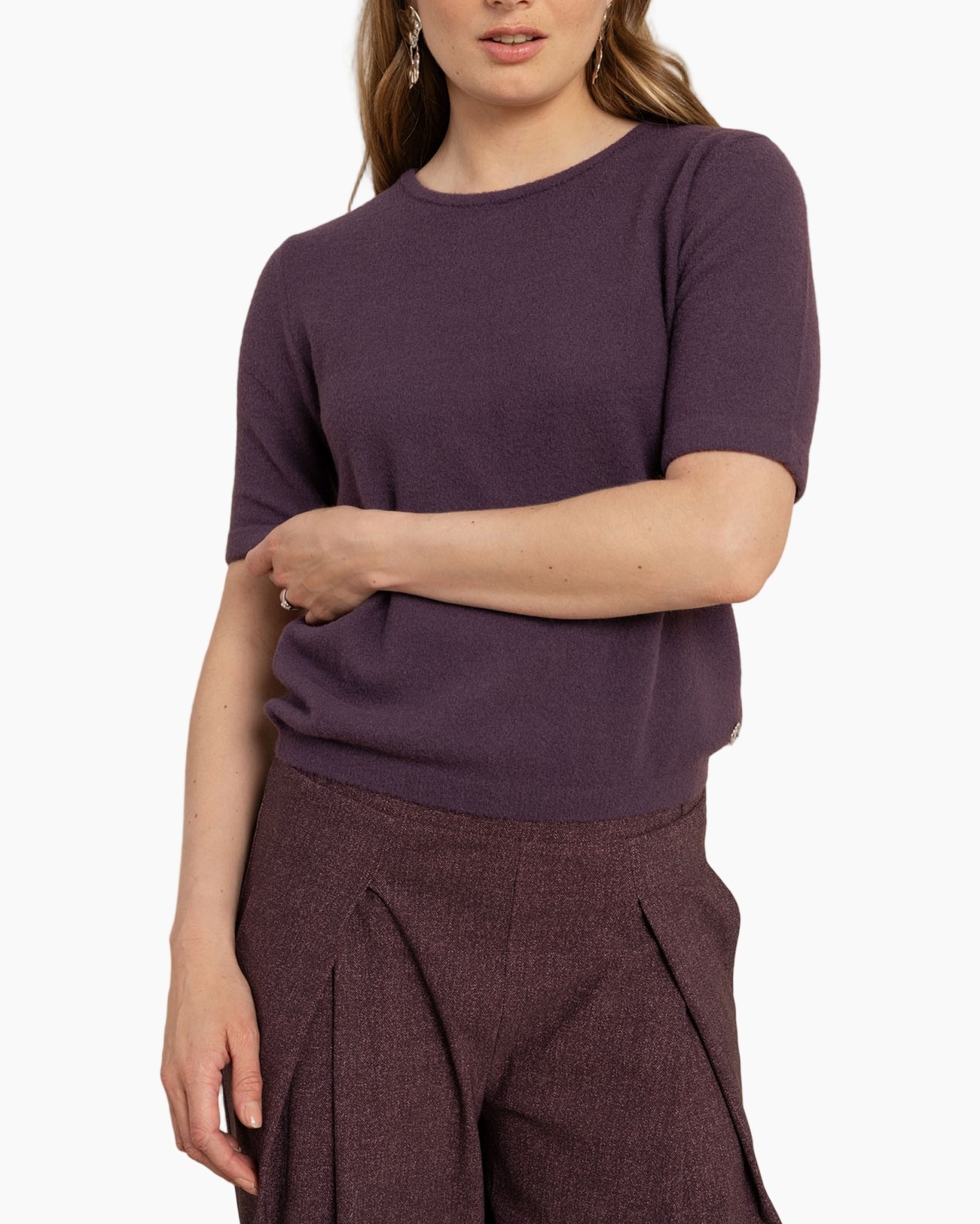 kort-sleeve top, paars, brei, effen, vrouw