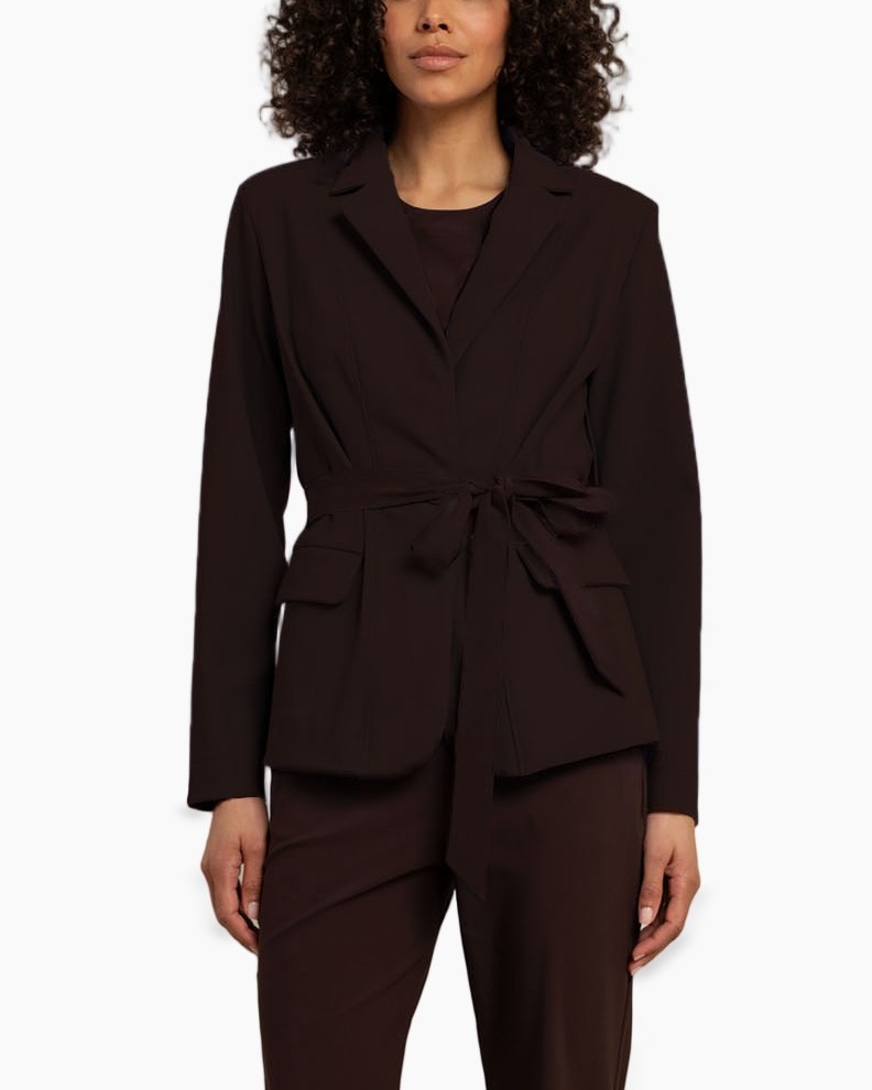 blazer, riemsluiting, lange mouwen, donkerbruin, revers/lapel