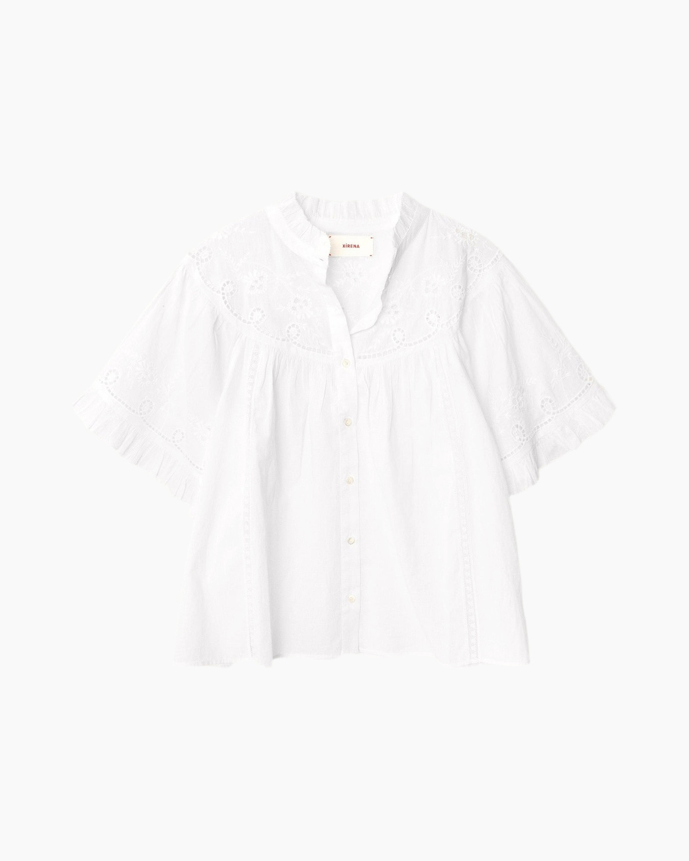 wit, blouse, eyelet, korte mouwen, knopenlijst