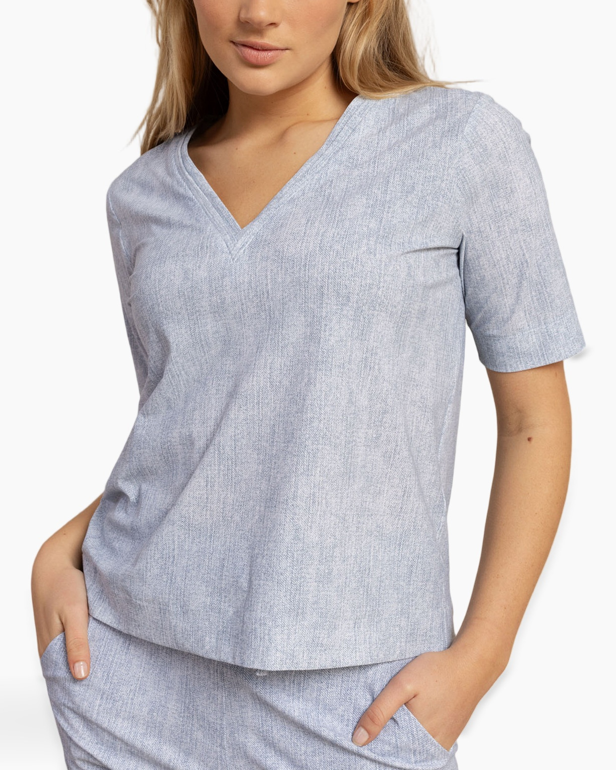 top, korte mouwen, v-hals, linnen-achtig, pyjama-set