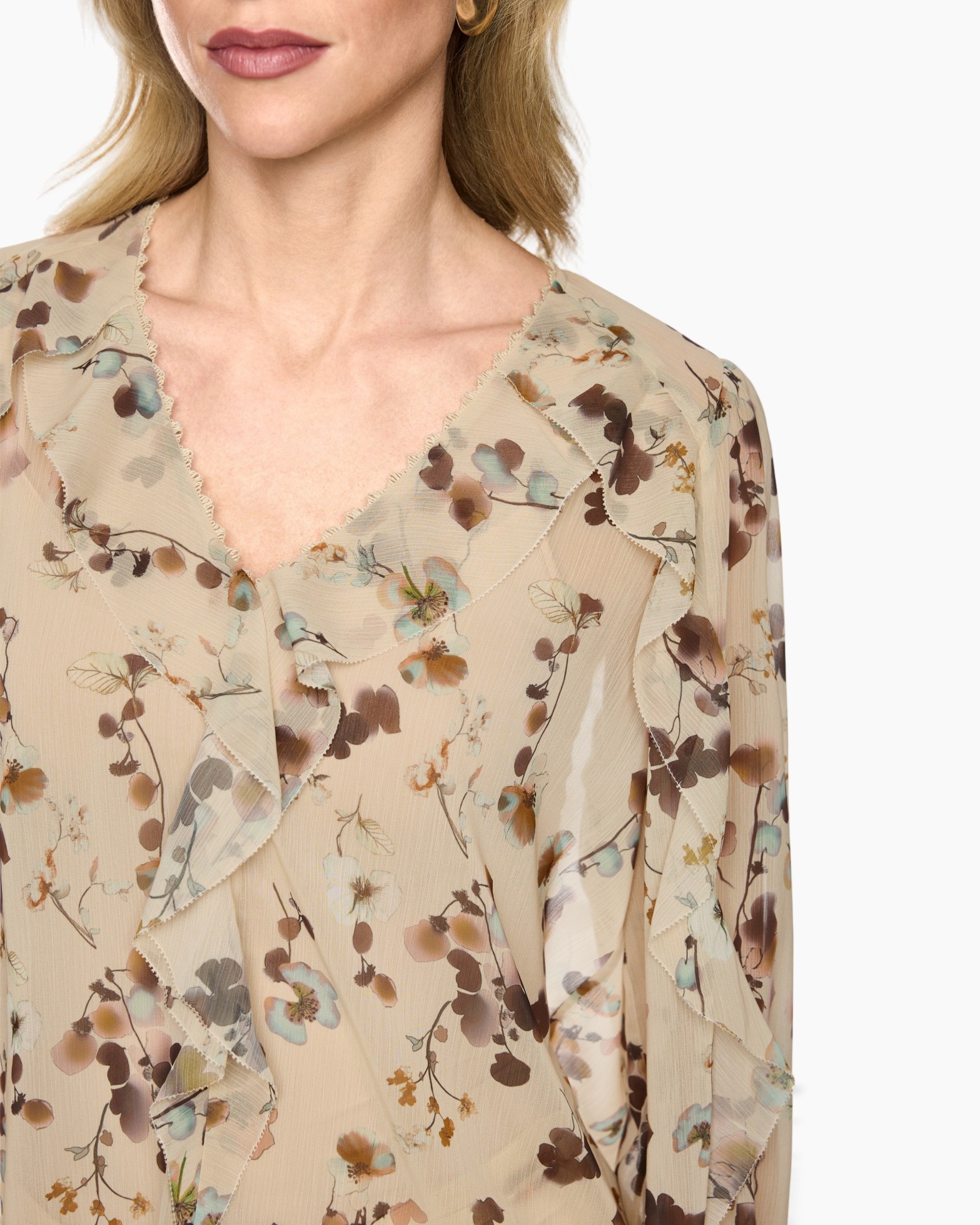 blouse, bloemenprint, beige, v-hals, ruches