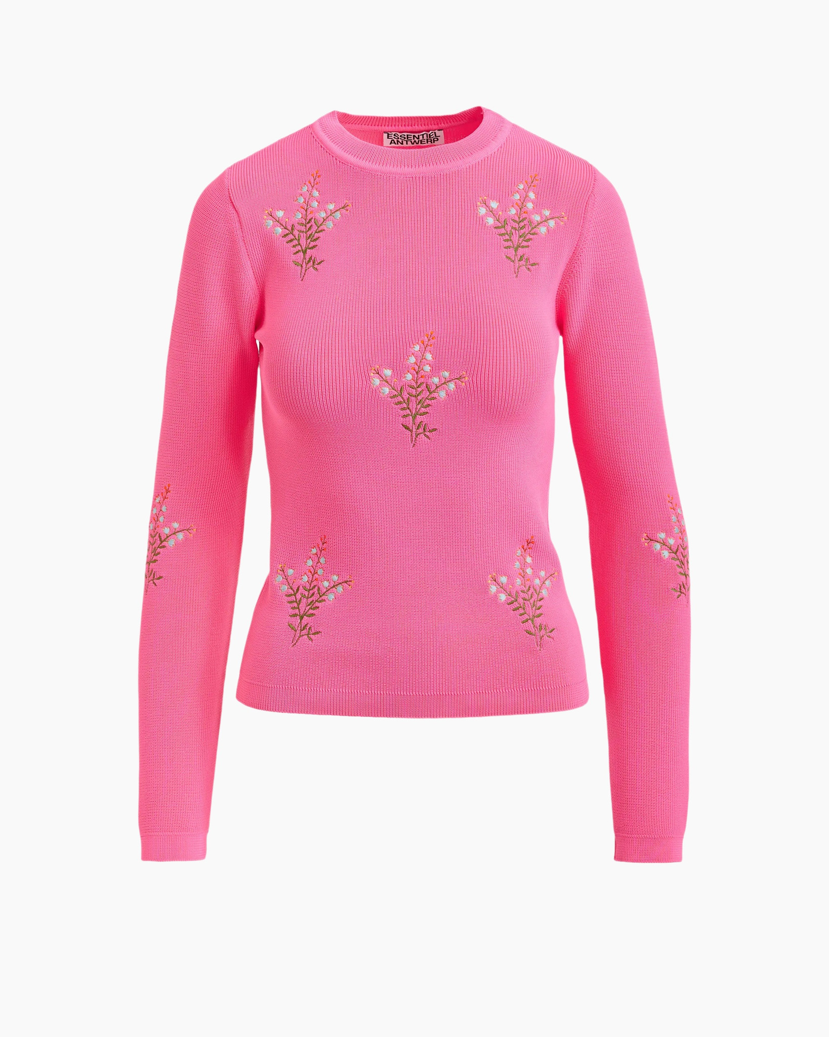 roze trui, borduursel, floraal patroon, brei top, lange mouwen