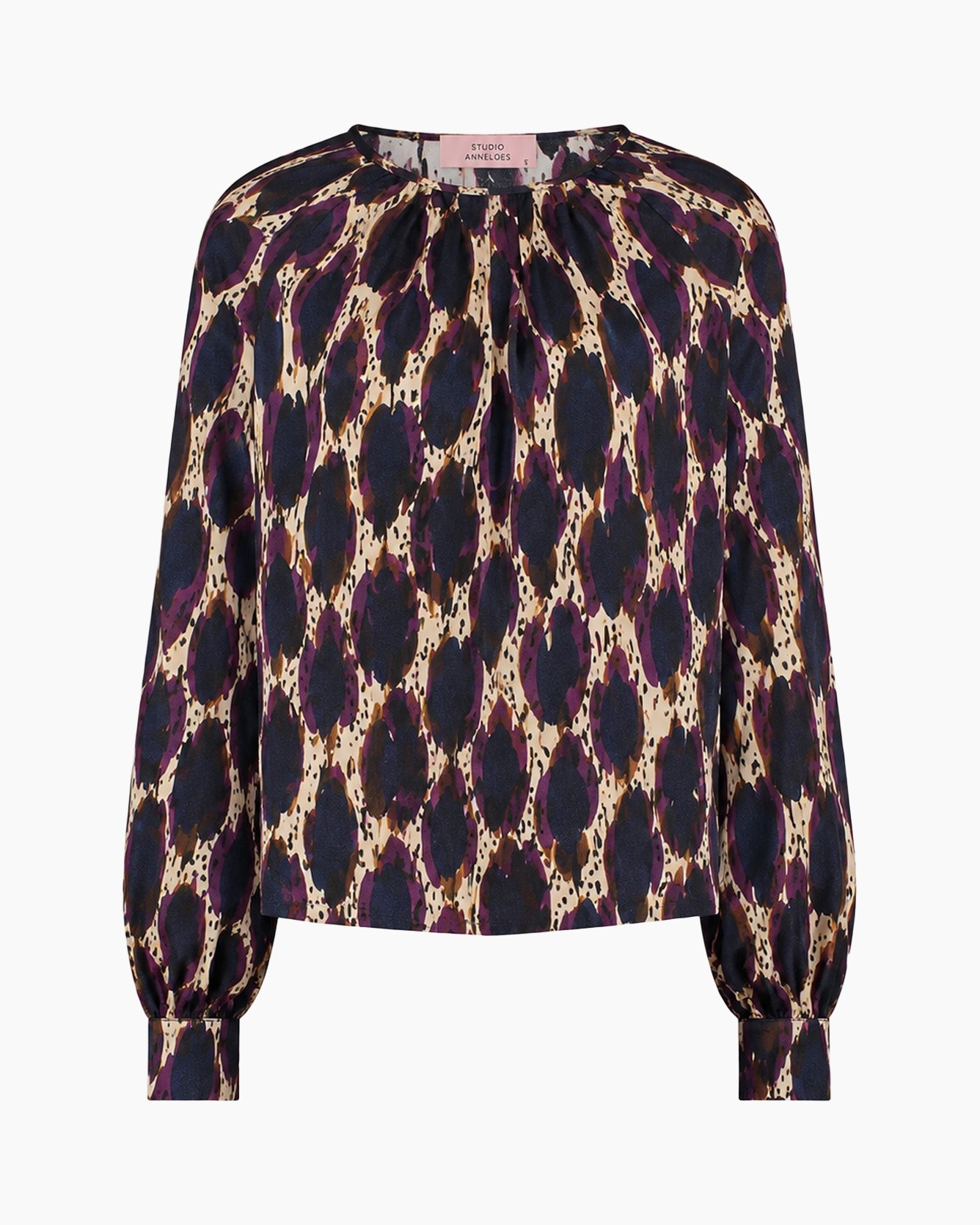 blouse, lange mouwen, print, luipaard, paars