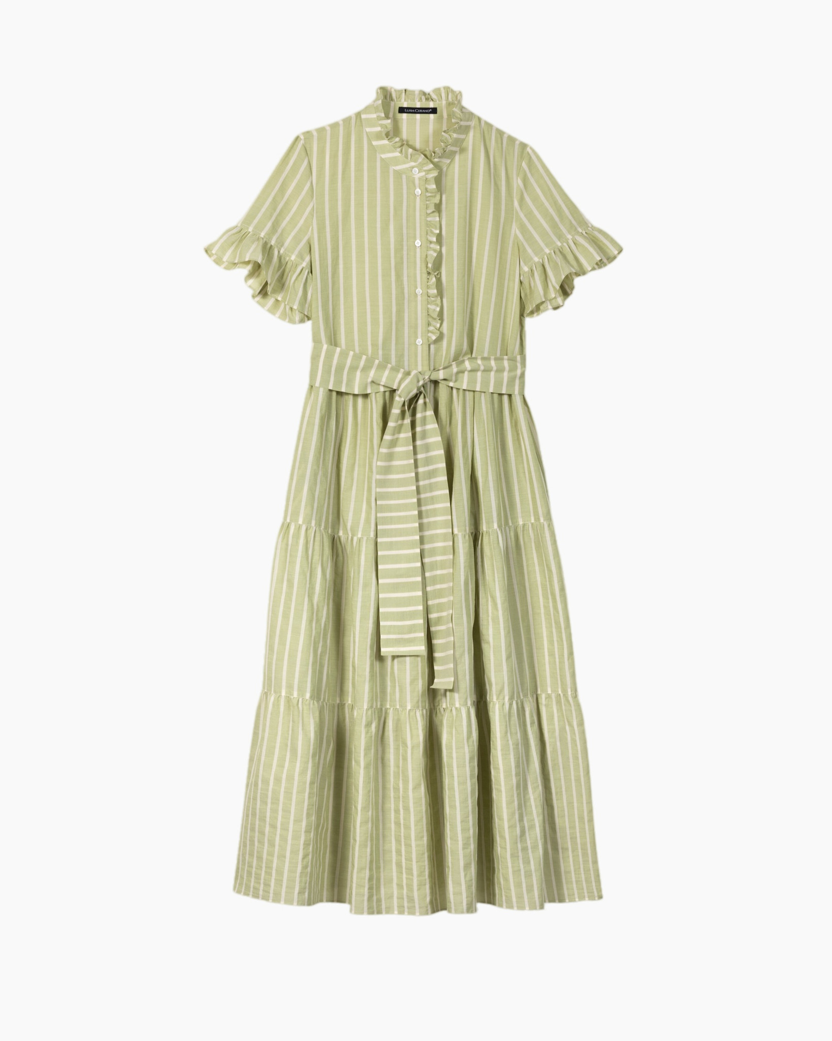 jurk, gestreept, linnen, middellang, riem