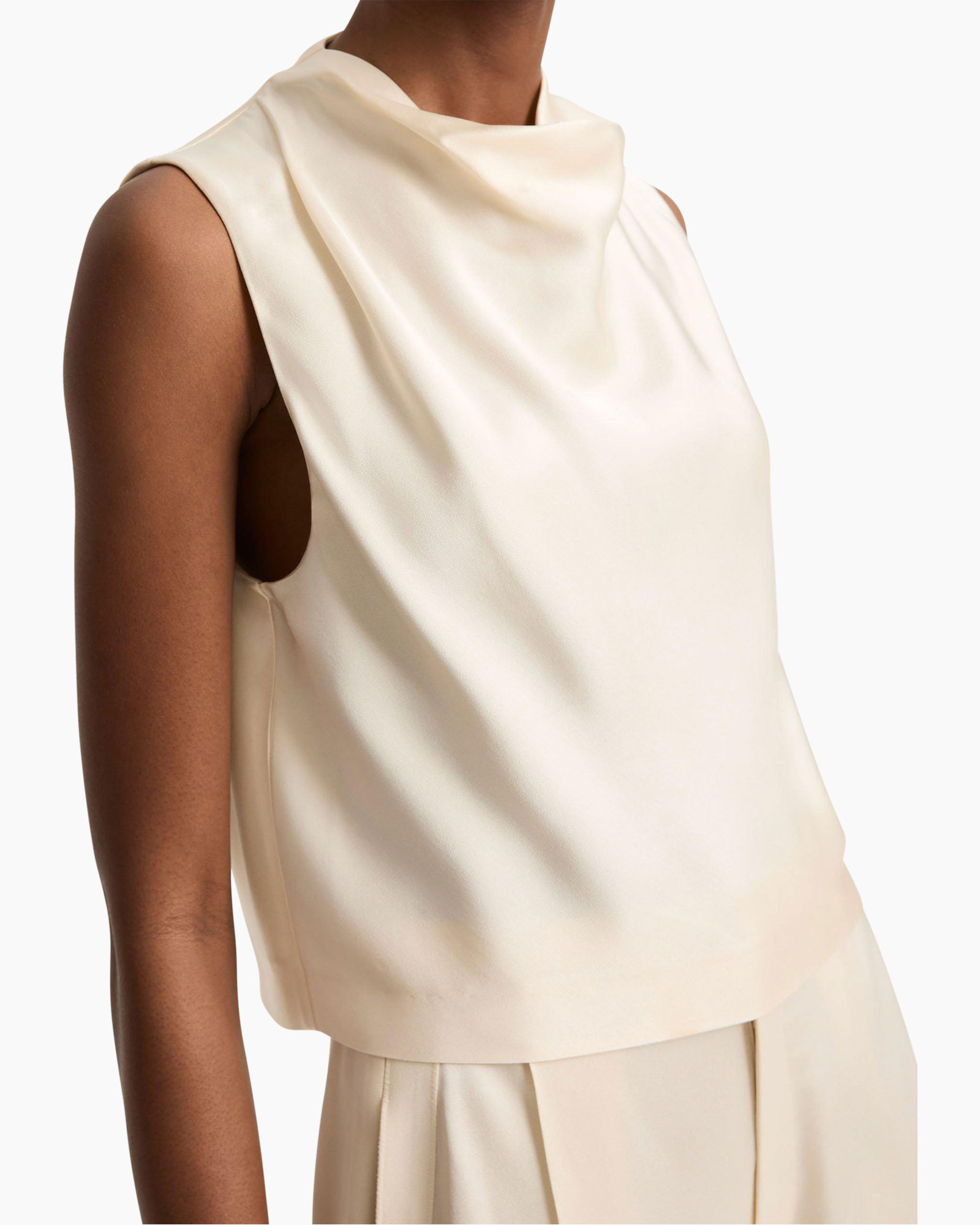 top, sleeveless, crepe, beige, soft-folded-neck