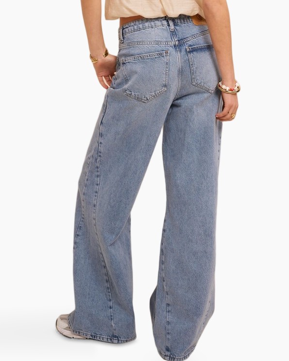 jeans, wijdvallende pasvorm, blauwe denim, hoog taille, buikkleppen