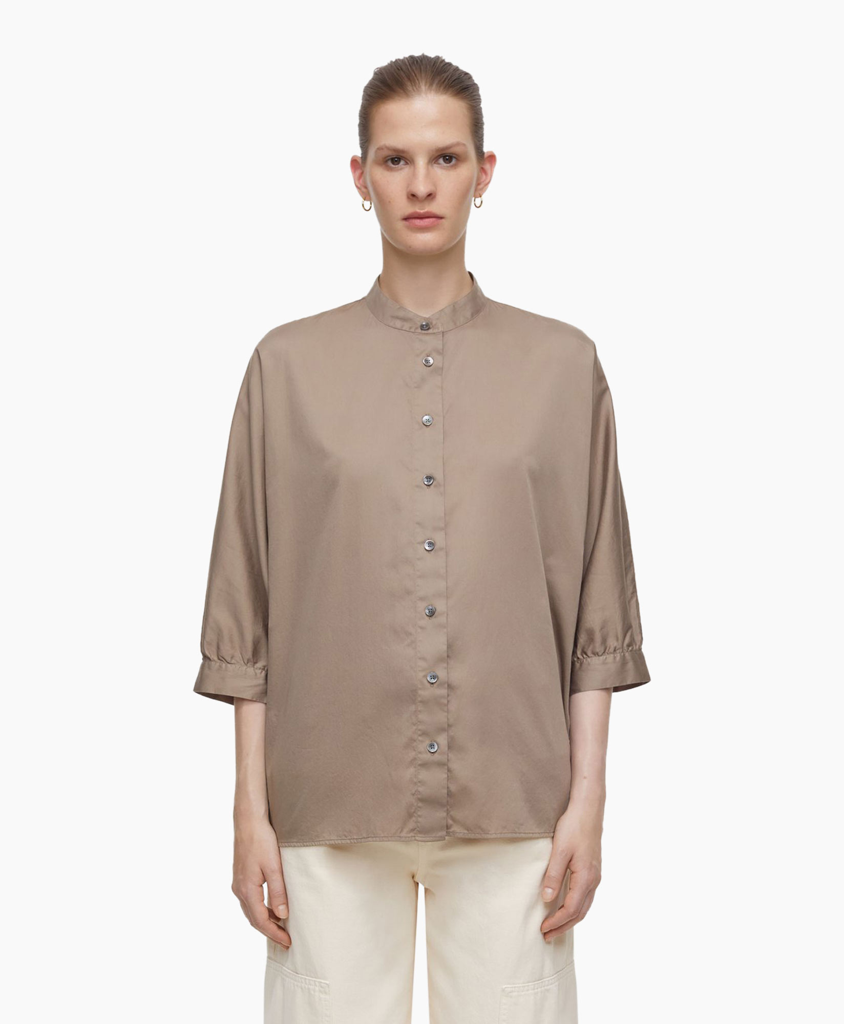Blouse Collarless Short Sleeve Taupe