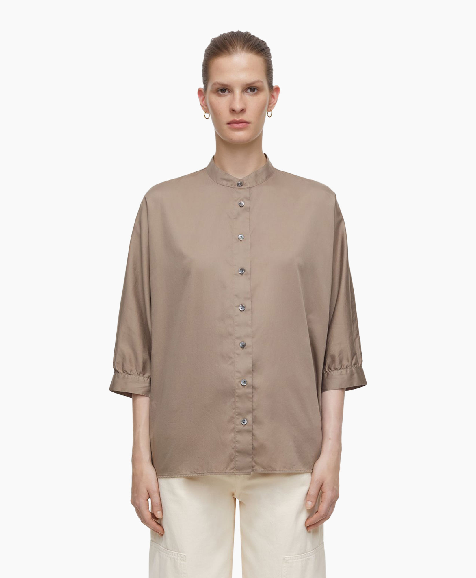 Closed Blouse Collarless Short Sleeve Taupe