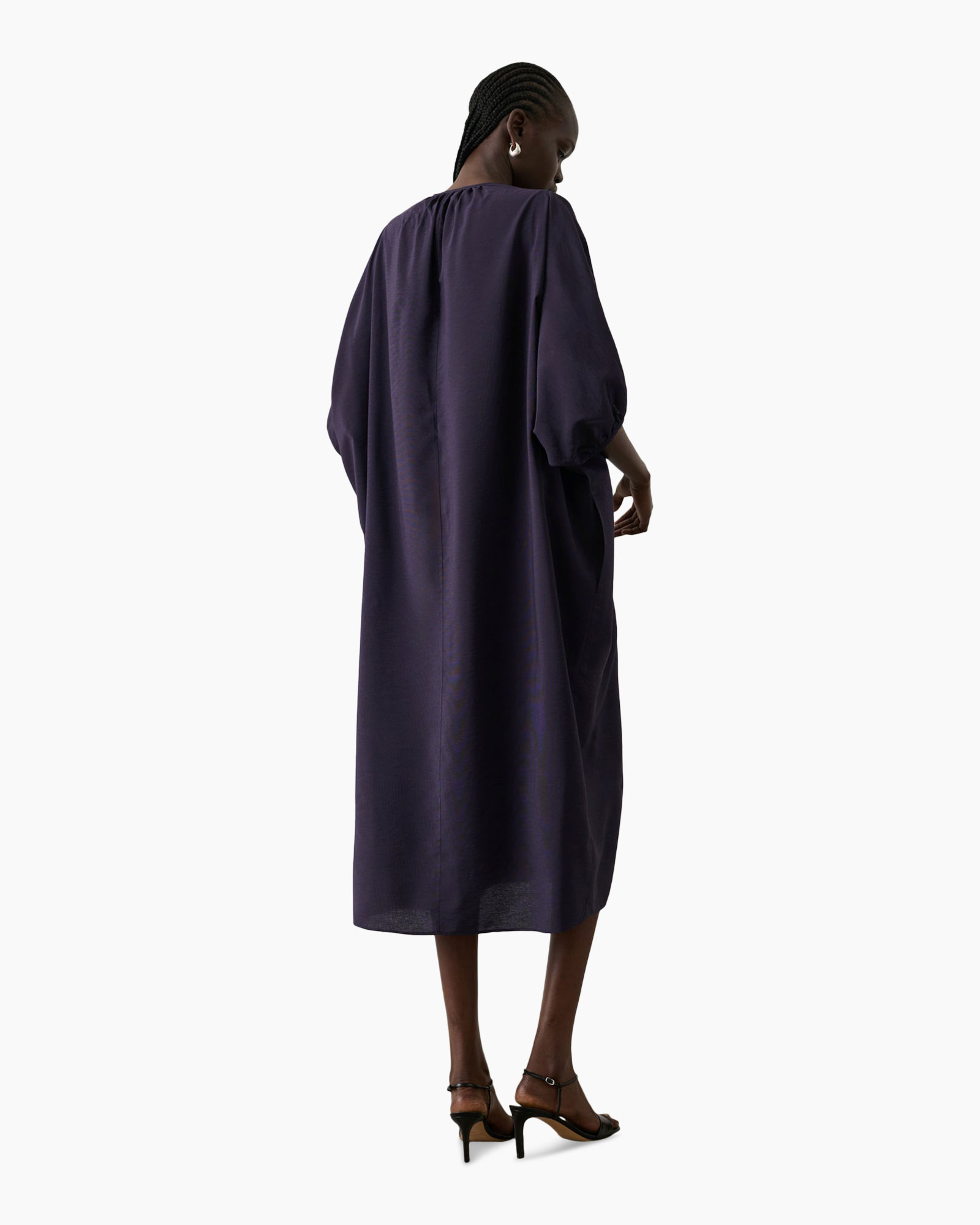 jurk, midi, wrap, paars, korte mouwen