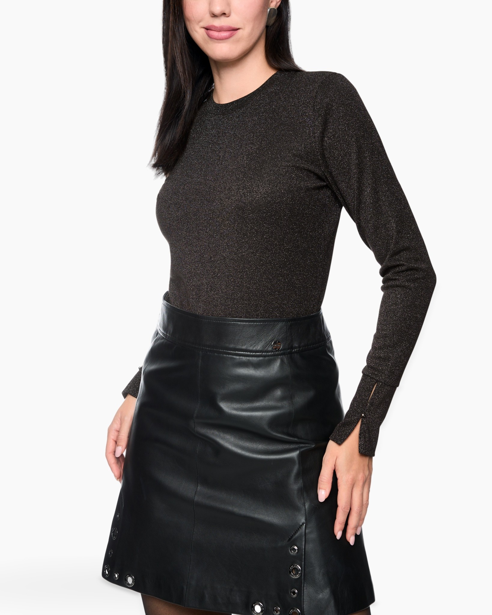 top, langer mouw, glitter, zwart, lederrokje