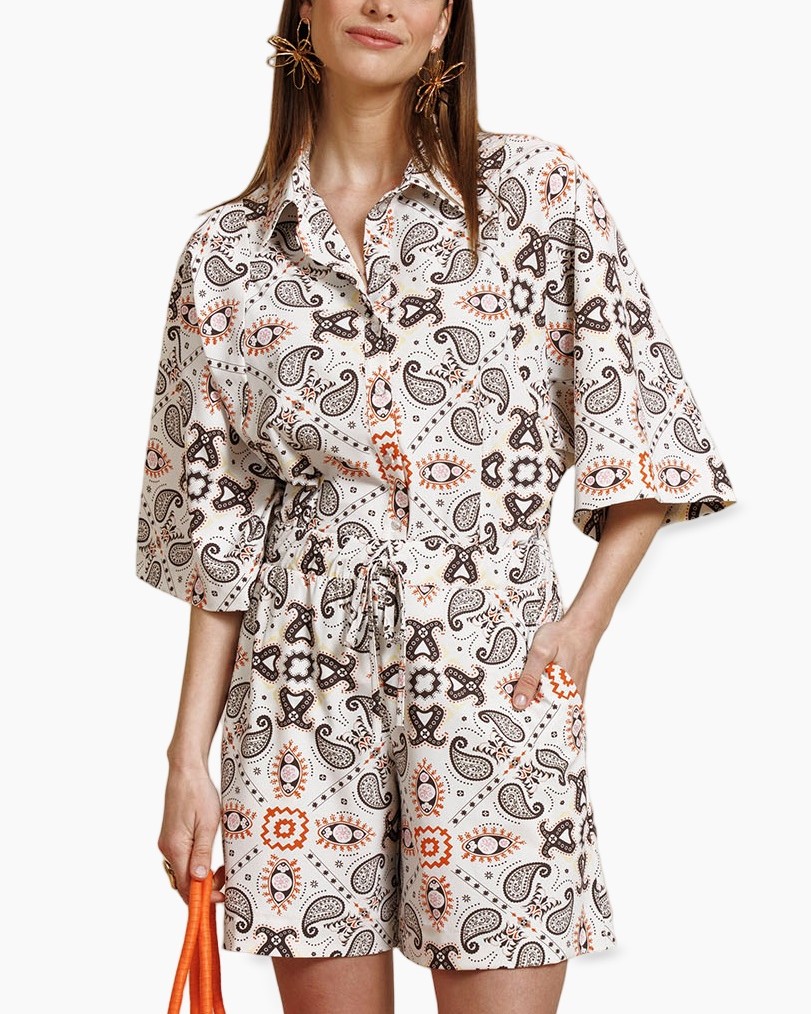 paisley, romper, shorts, button-down, waist-tie