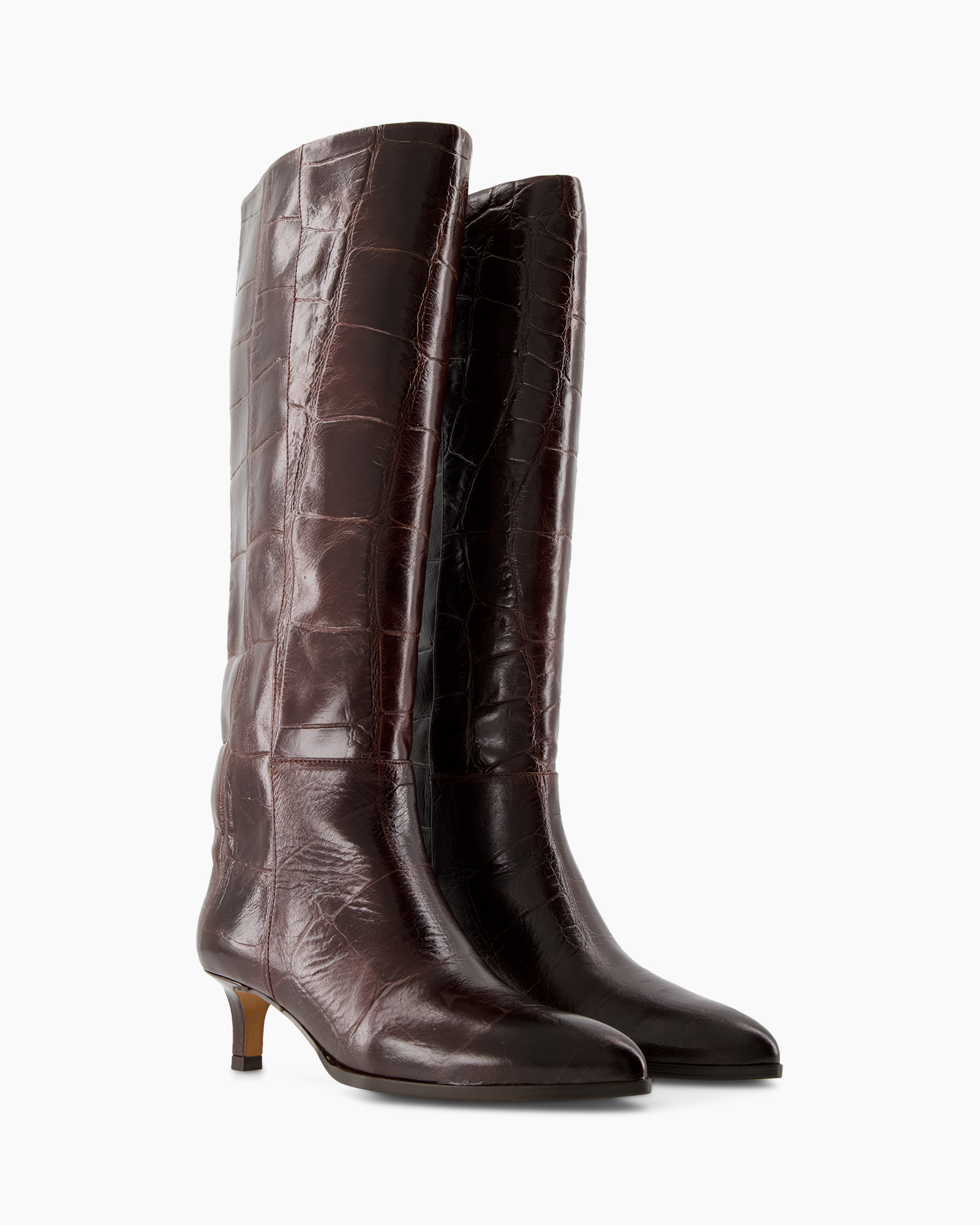 knee-high, laarzen, bruin, krokodillenhuid-geeltextuur, middelhoge hak