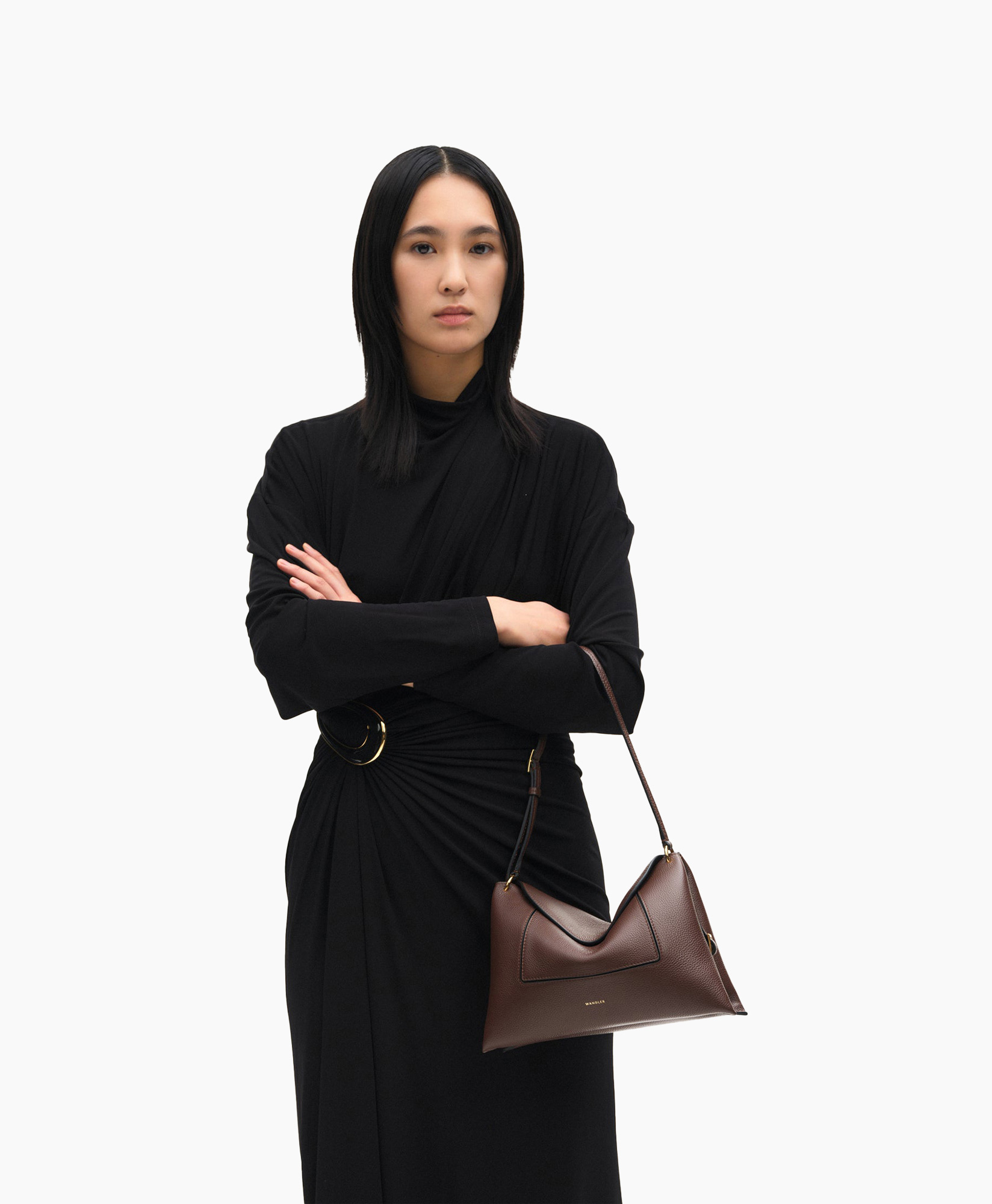 jurk, zwart, omslag, riem, handtas