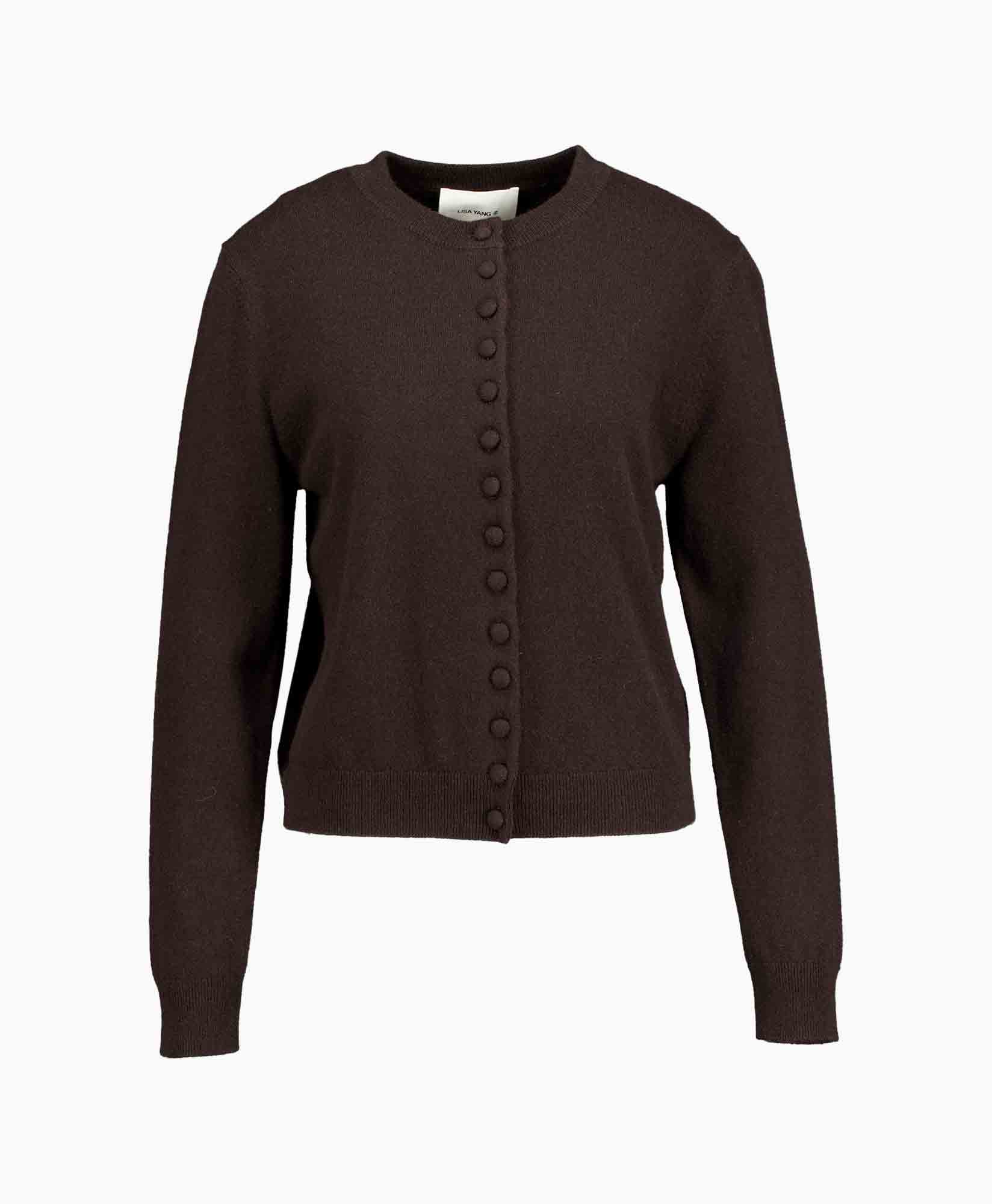 cardigan, gebreid, bruin, knopen, ronde hals