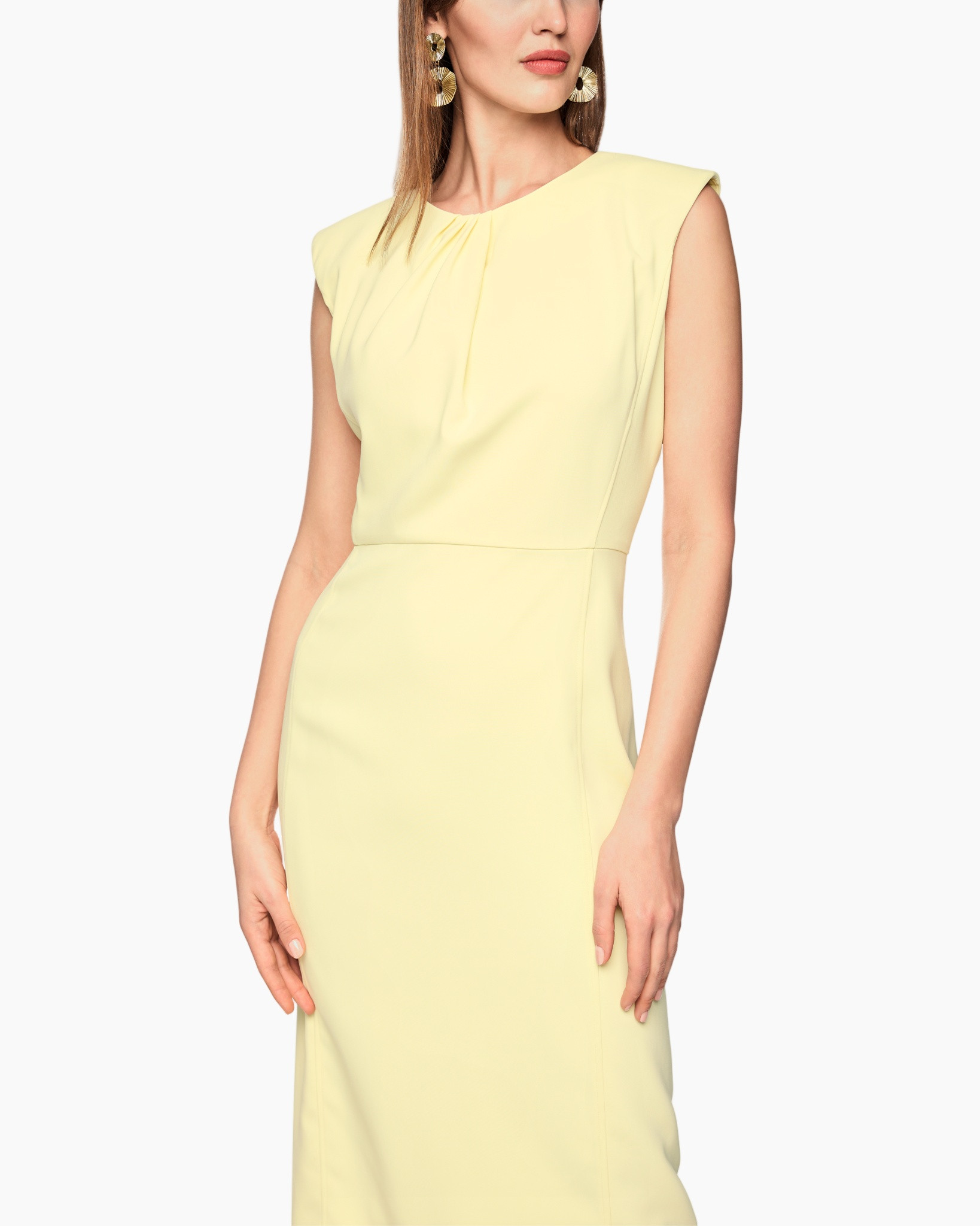 dress, sleeveless, pale/yellow, calf/midi, dress detail pleats