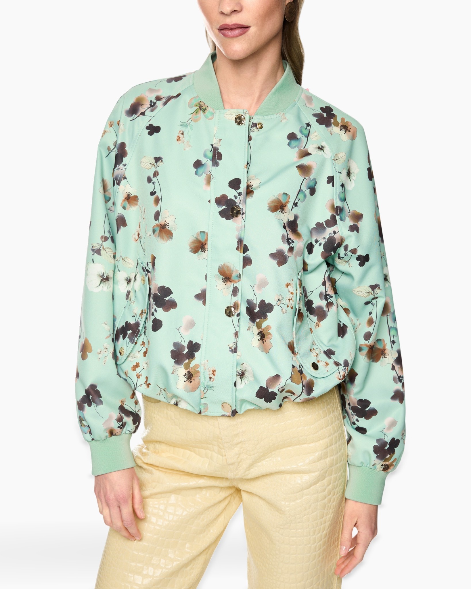 jacket met bloemen, mint gekleurde jas, lange mouwen, drukkers, zachte stof