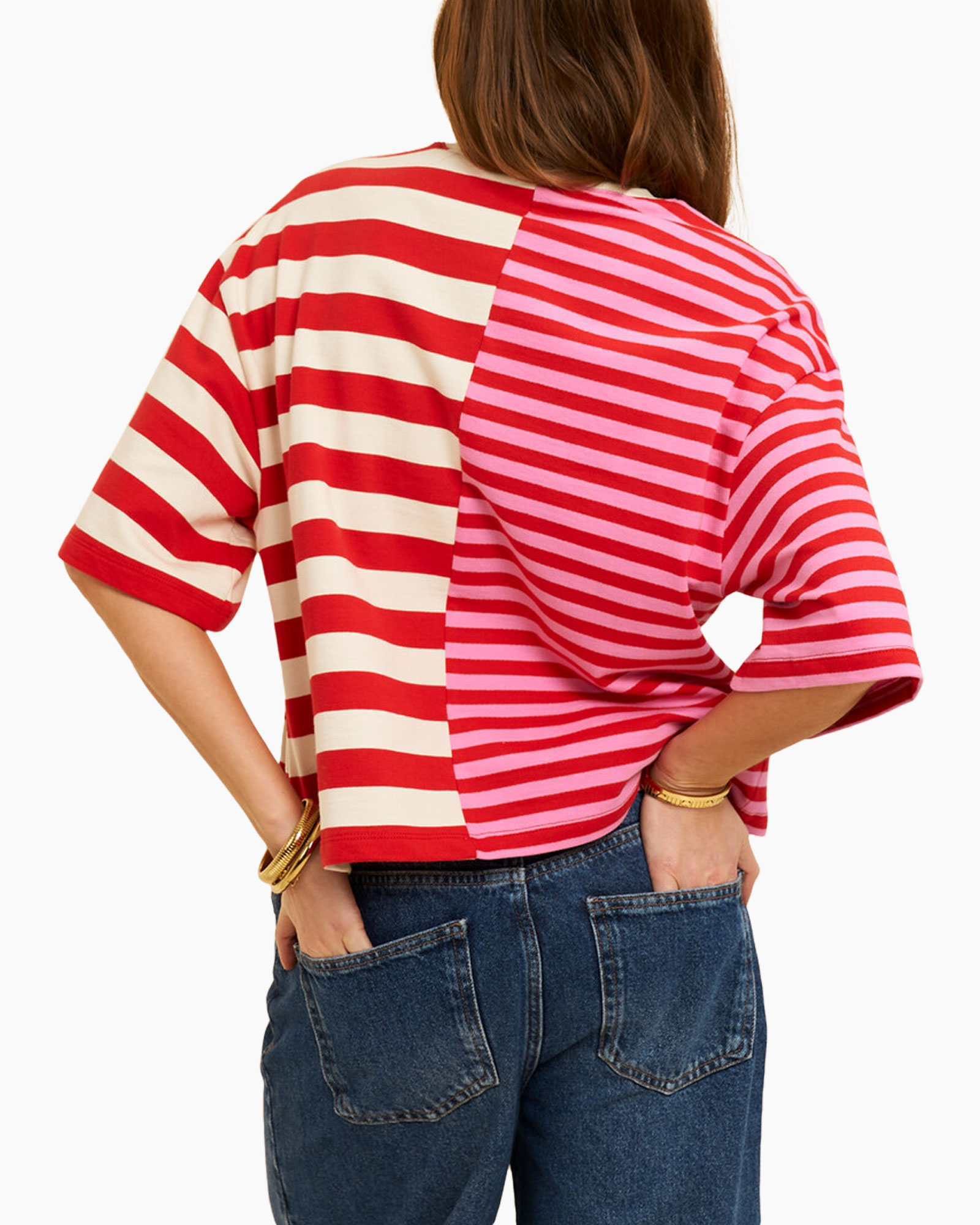 striped top, pink red stripes, half-sleeve, round neck, casual fit