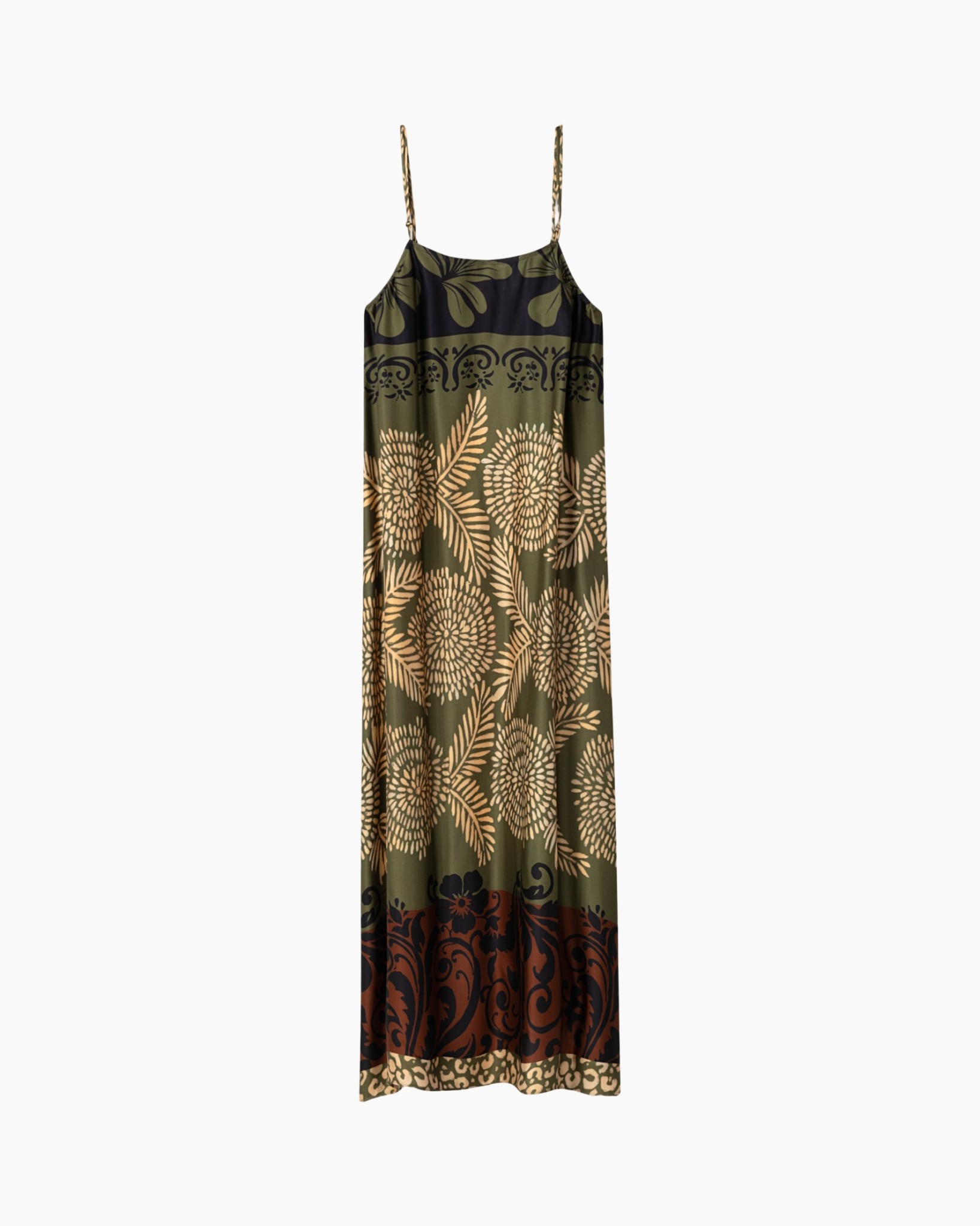 Maxi jurk, Spaghettibandjes, Floraal patroon, Olijfgroen, Boho print