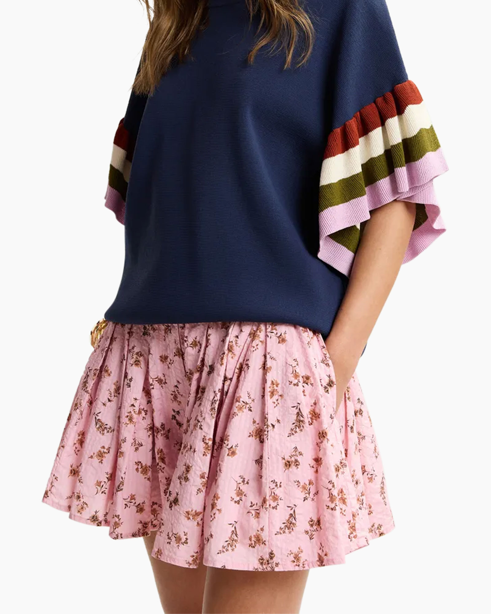 top, mouw, katoen?, nnavy?, roze bloemenrok