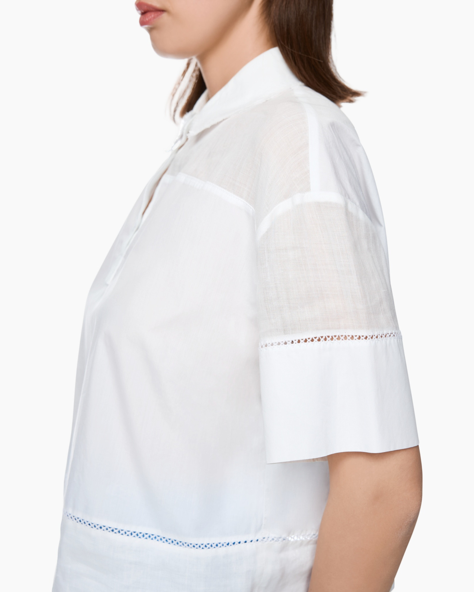 witte blouse, linnen, korte mouwen, eyelet afwerking, kraag