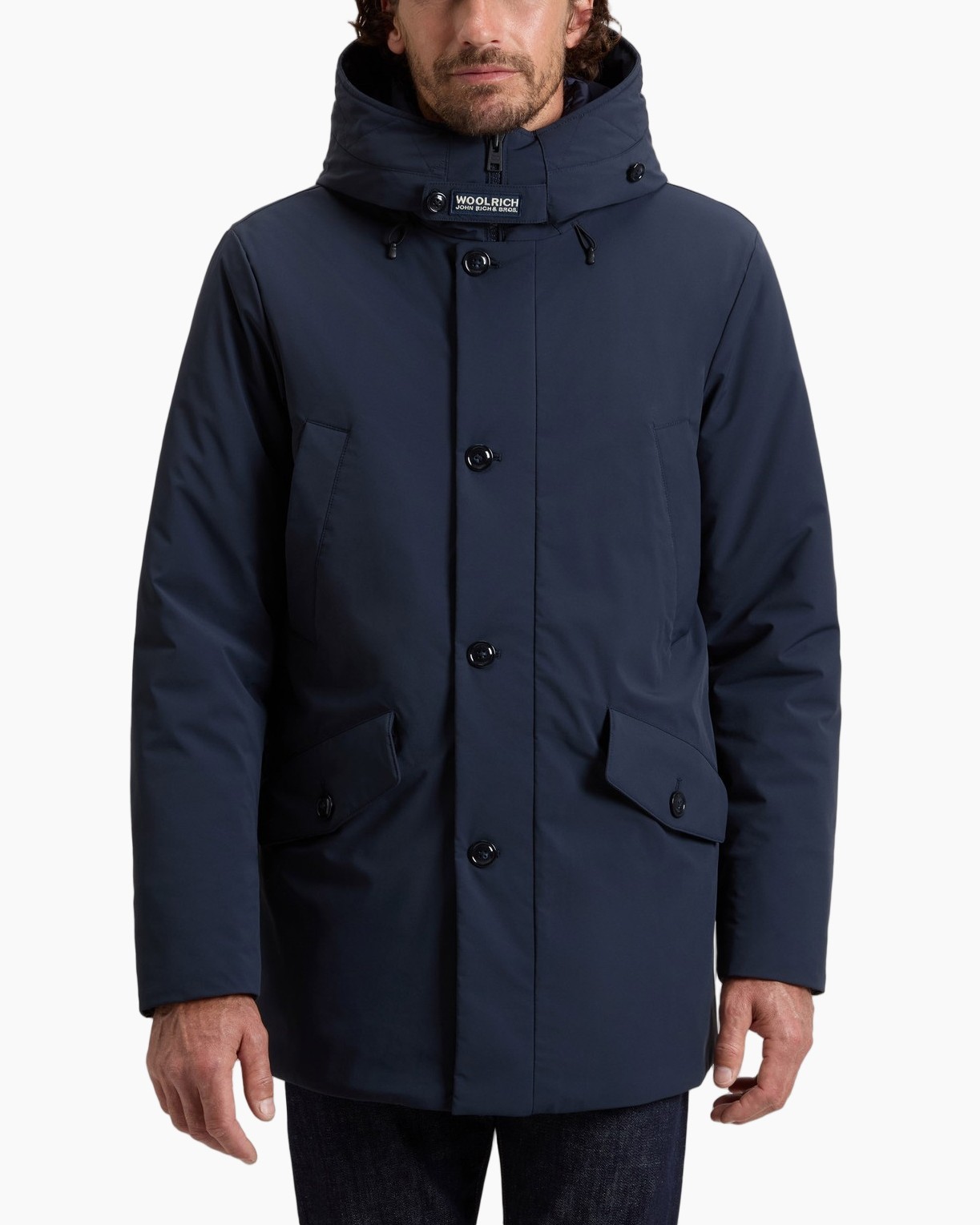 Herenparka, Marineblauw, Capuchon, Knoopsluiting, Klepzakken