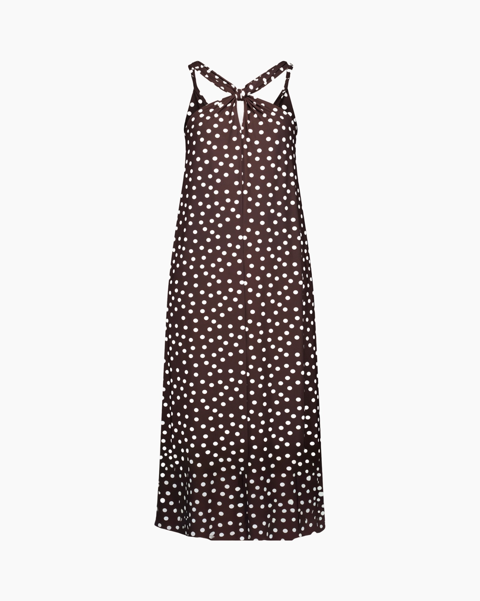 polka dot, zomerjurk, maxi jurk, bruin, bandjes