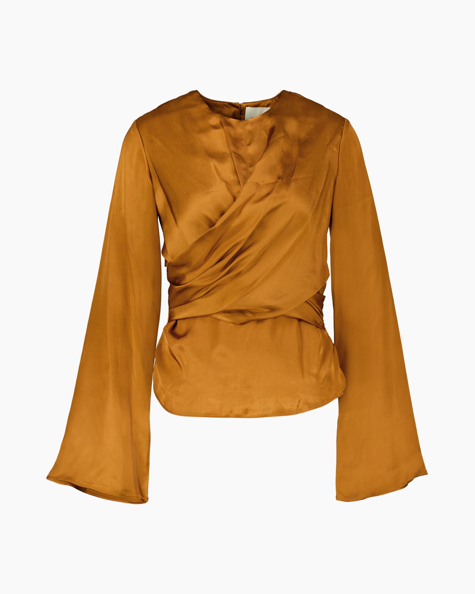 zijde, blouse, wrap, lange mouwen, mosterdkleur