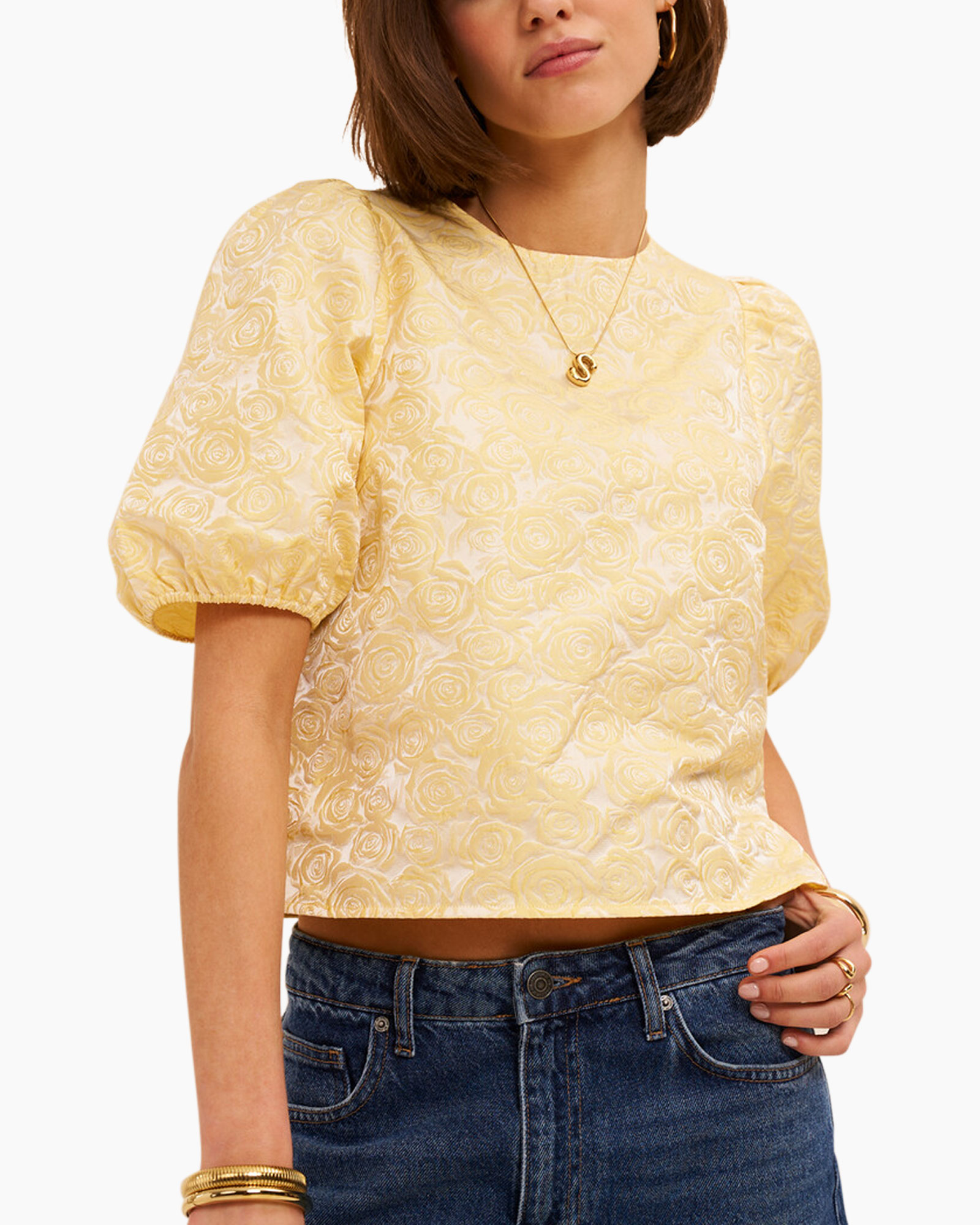 blouse, short sleeve, yellow, floral pattern, cropped