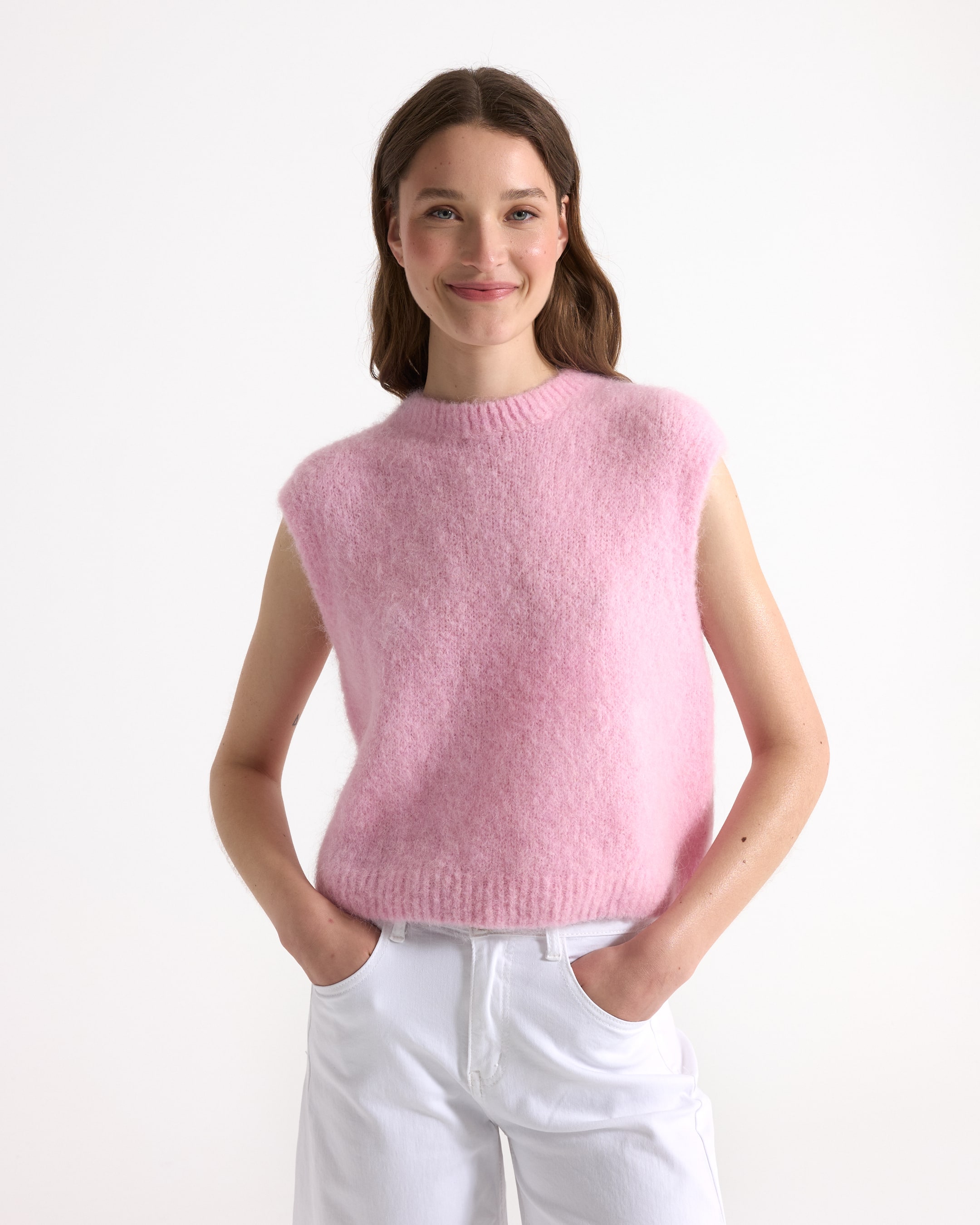 brei, mouwloos, roze, trui, zacht