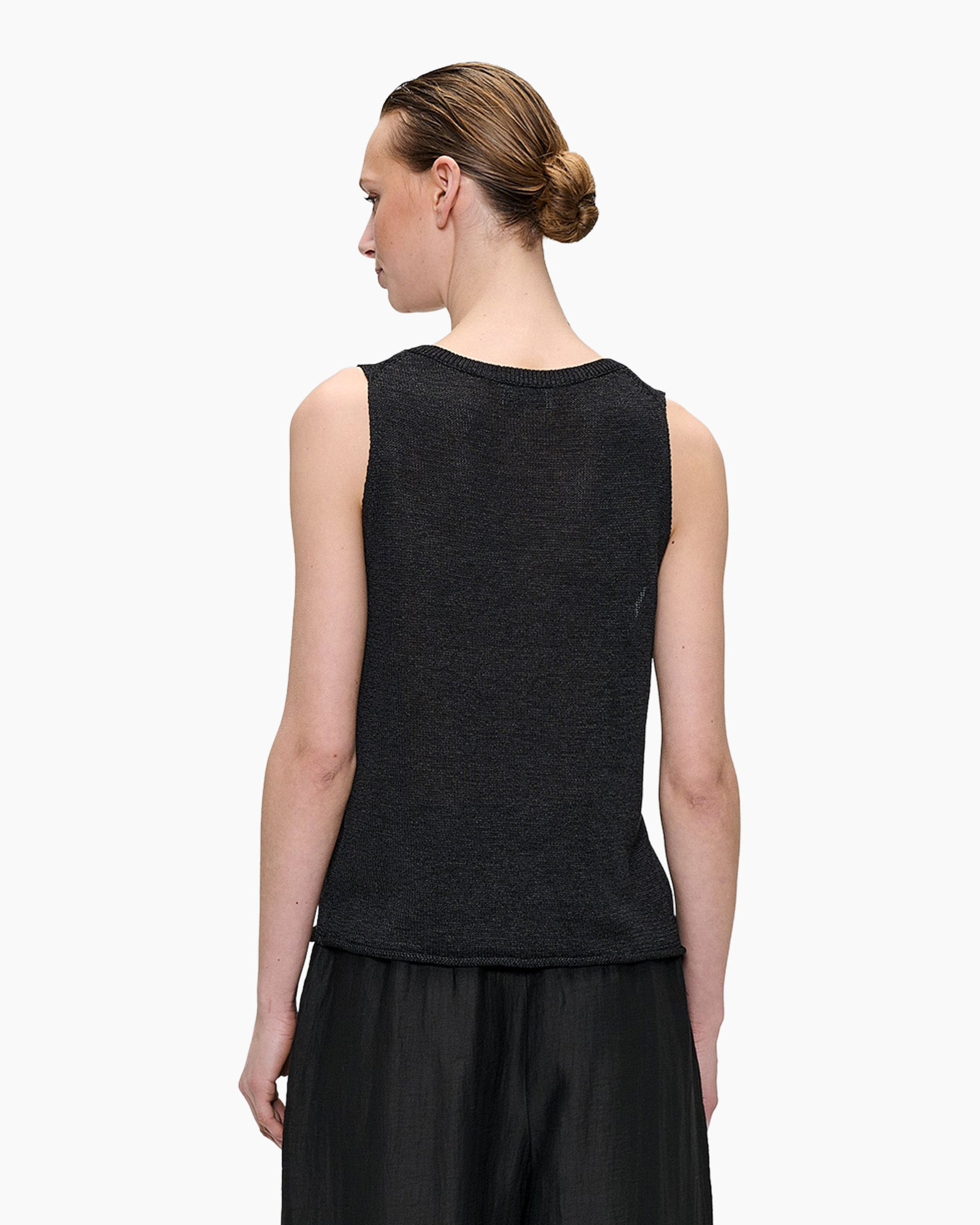 tank top, sleeveless, black, knit, belted trousers