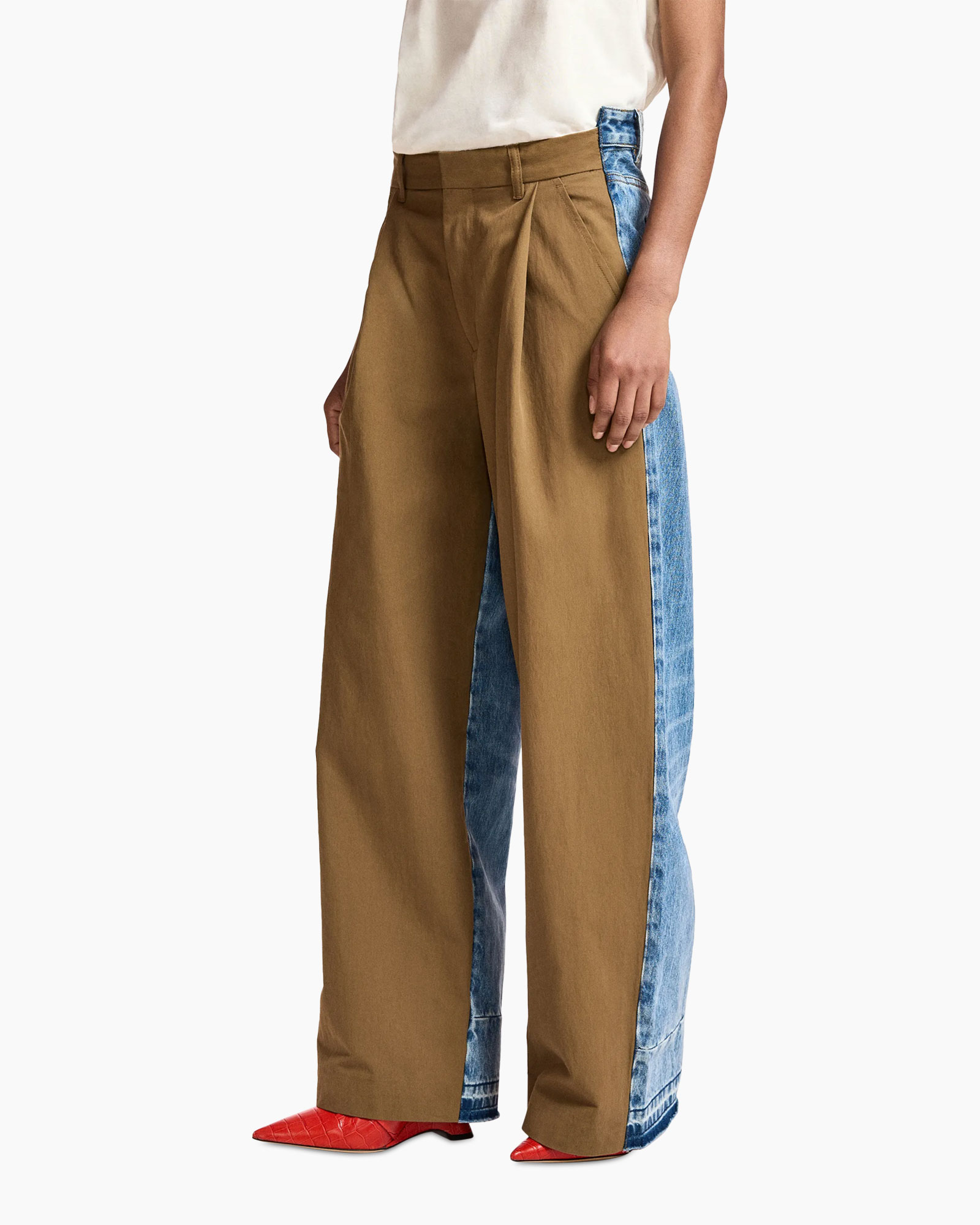 broek, wijdlopende, khaki, plooien, tweedelig