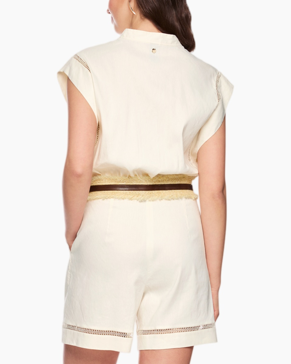 romper, jumpsuit, beige, belt, shorts