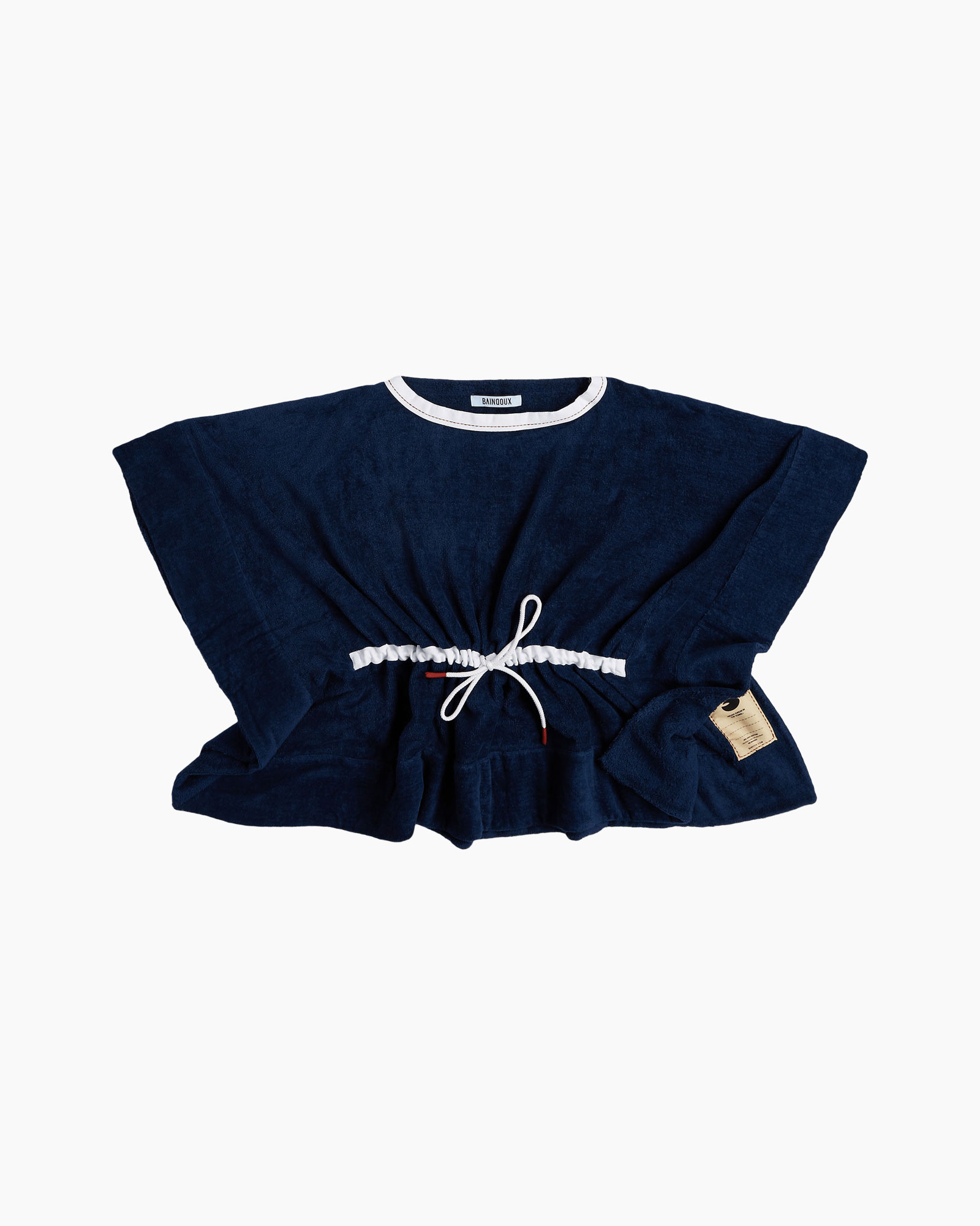 blouse donkerblauw, trekkoord, korte mouwen, losse pasvorm, tuniek blouse