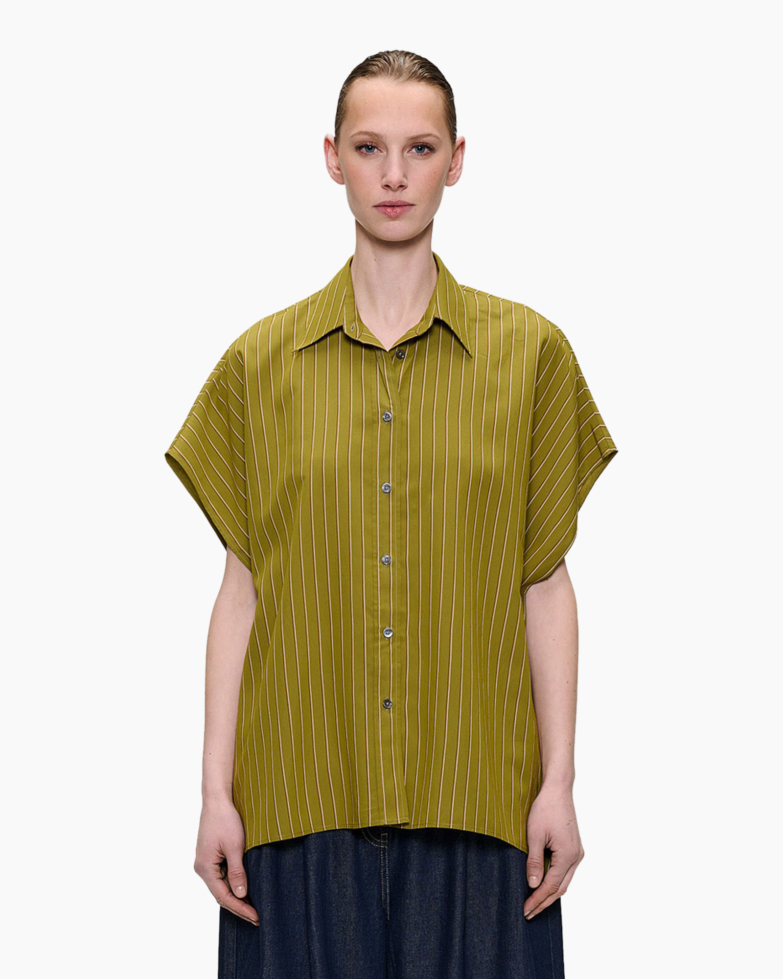 shirt, blouse, striped, short-sleeve, olive-green