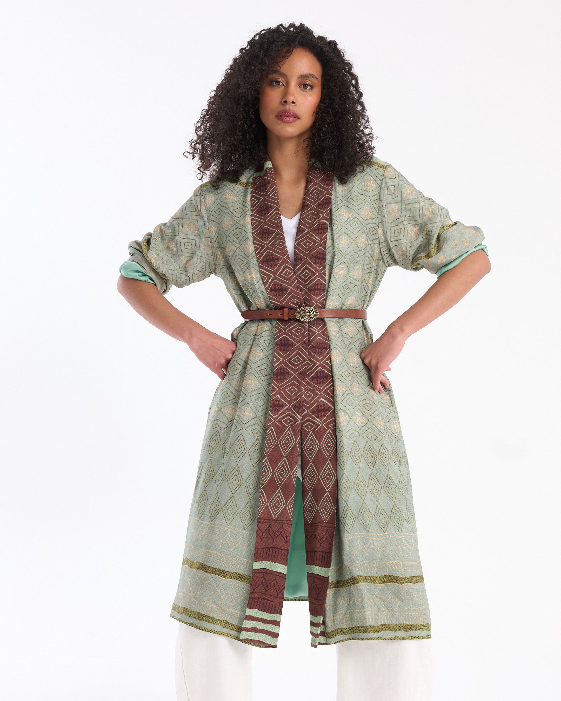 kimono, jas, riem, patroon, lange vest