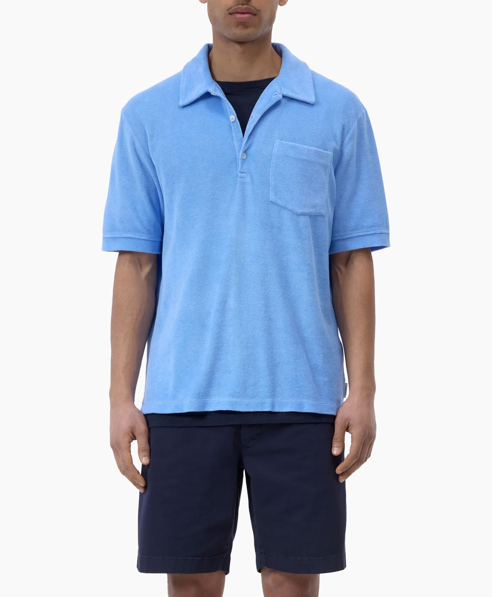 polo shirt, light blue, short sleeve, pocket, cotton