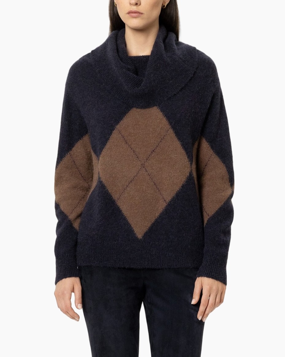 pullover, rolkraag, argyle, brei, marineblauw