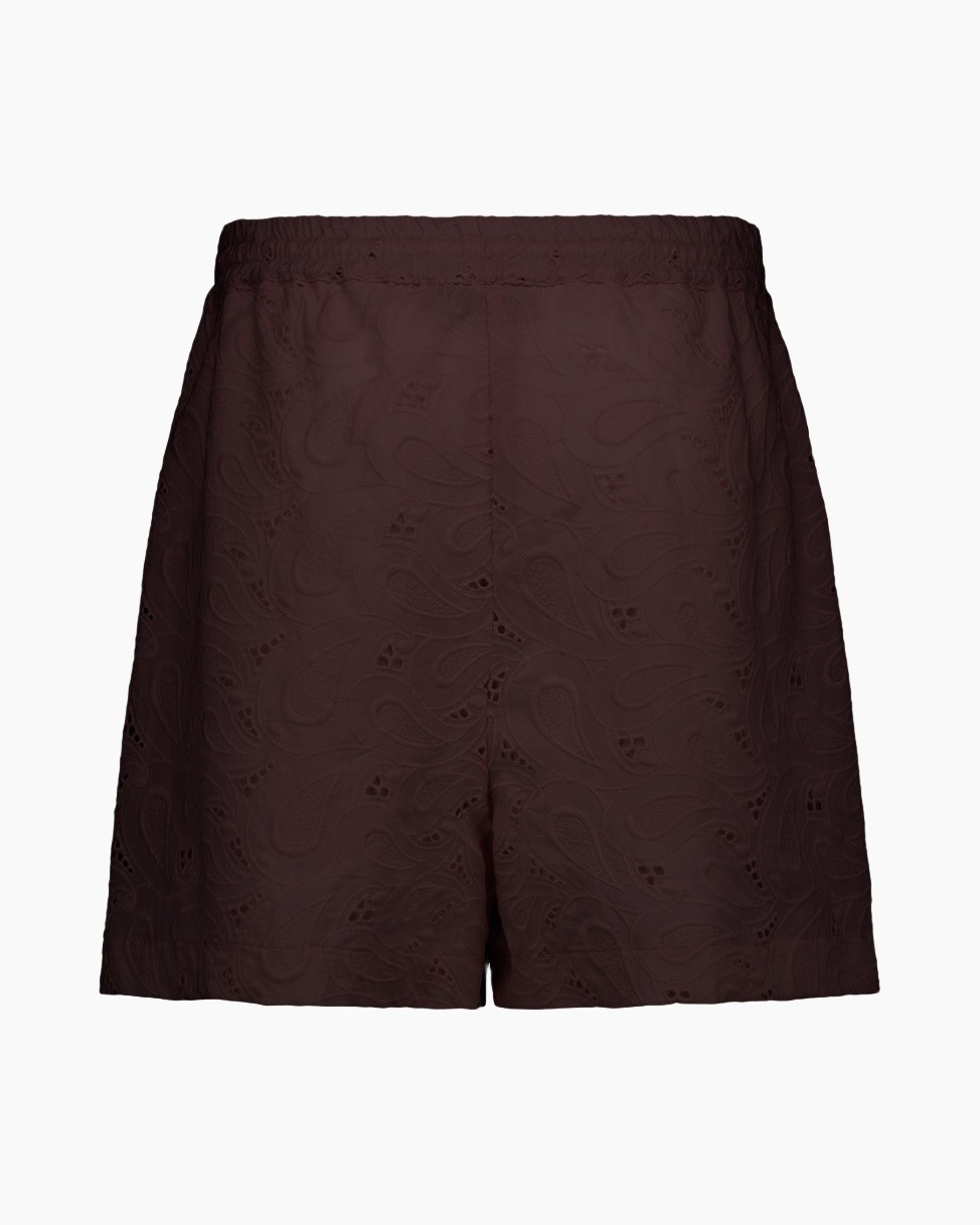 broek, bruin, paisley patroon, elastische tailleband, middellang