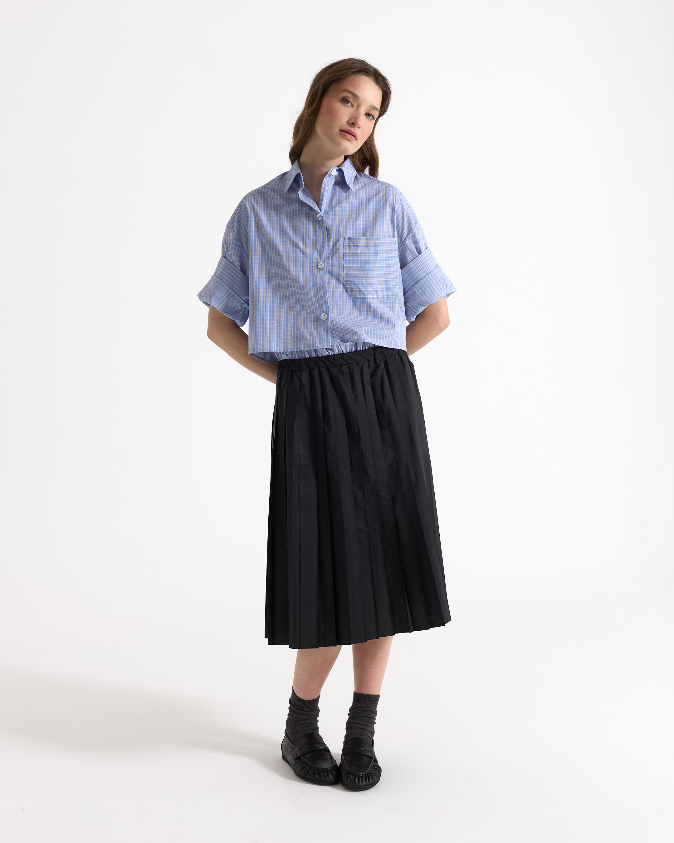 blue striped shirt, button-up shirt, collared shirt, short sleeve, pleated midi skirt