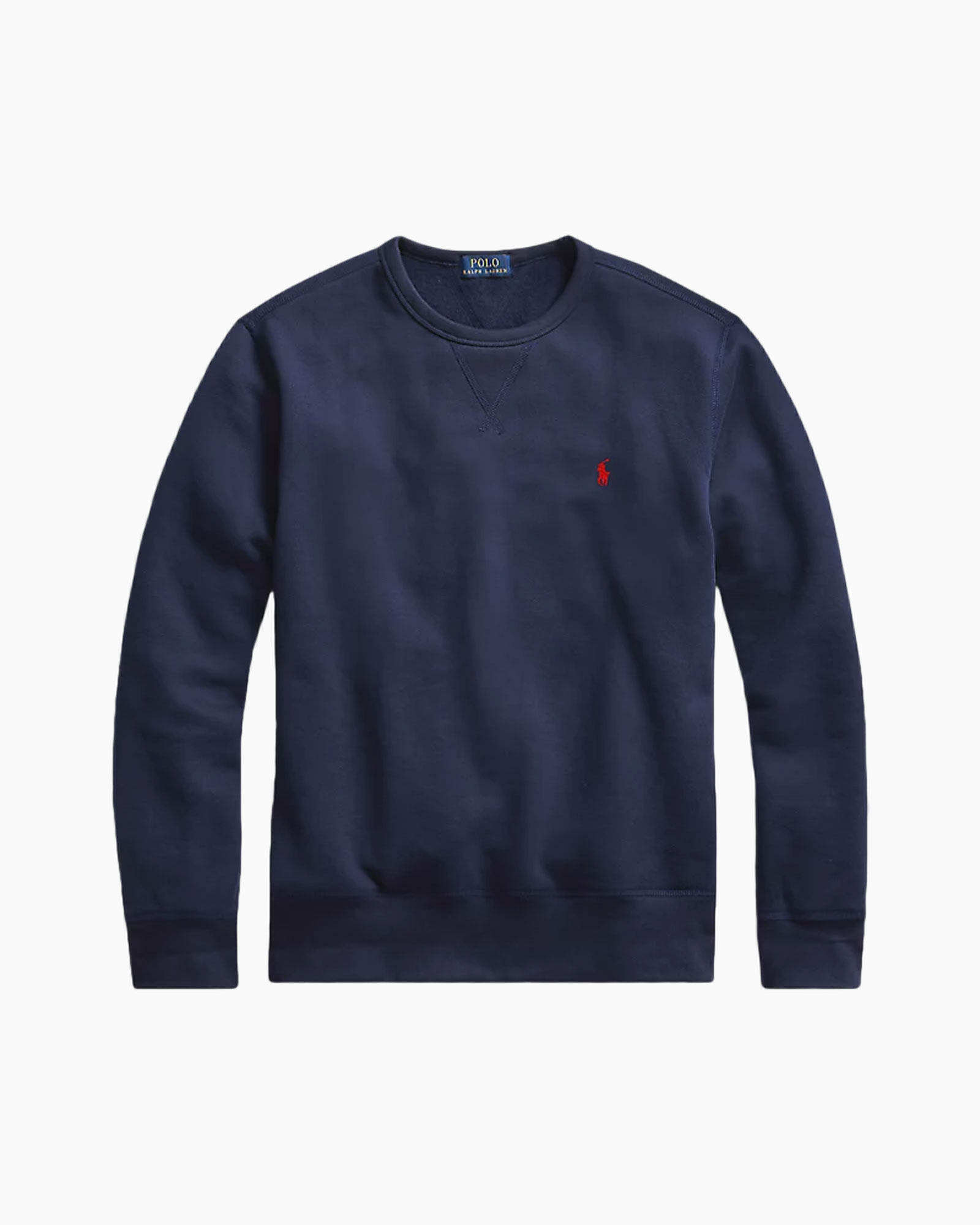 sweatshirt, marineblauw, langere mouwen, kraagloze ronde hals, logo rood klein