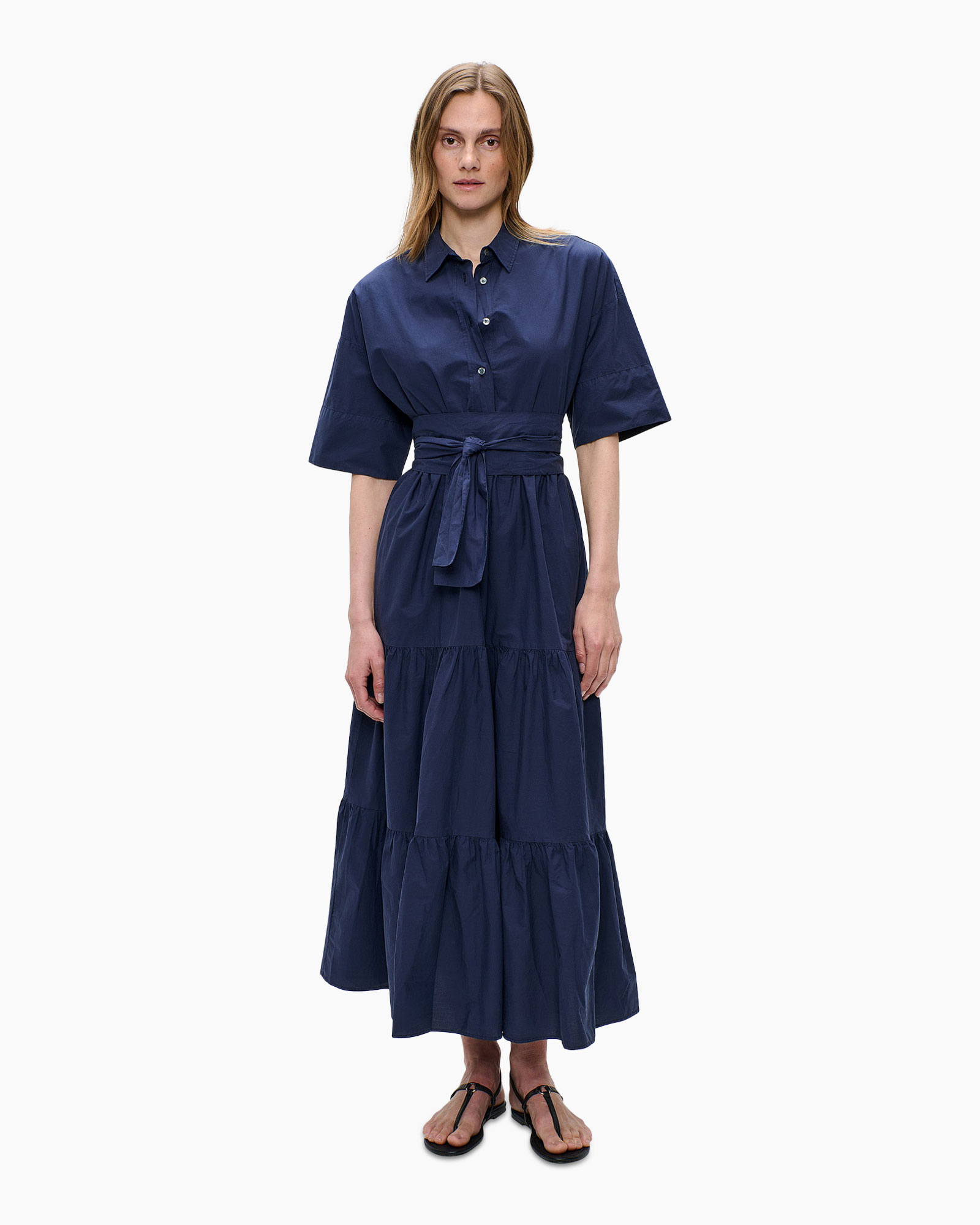 maxi dress, navy blue, tie waist, short sleeve, tiered skirt