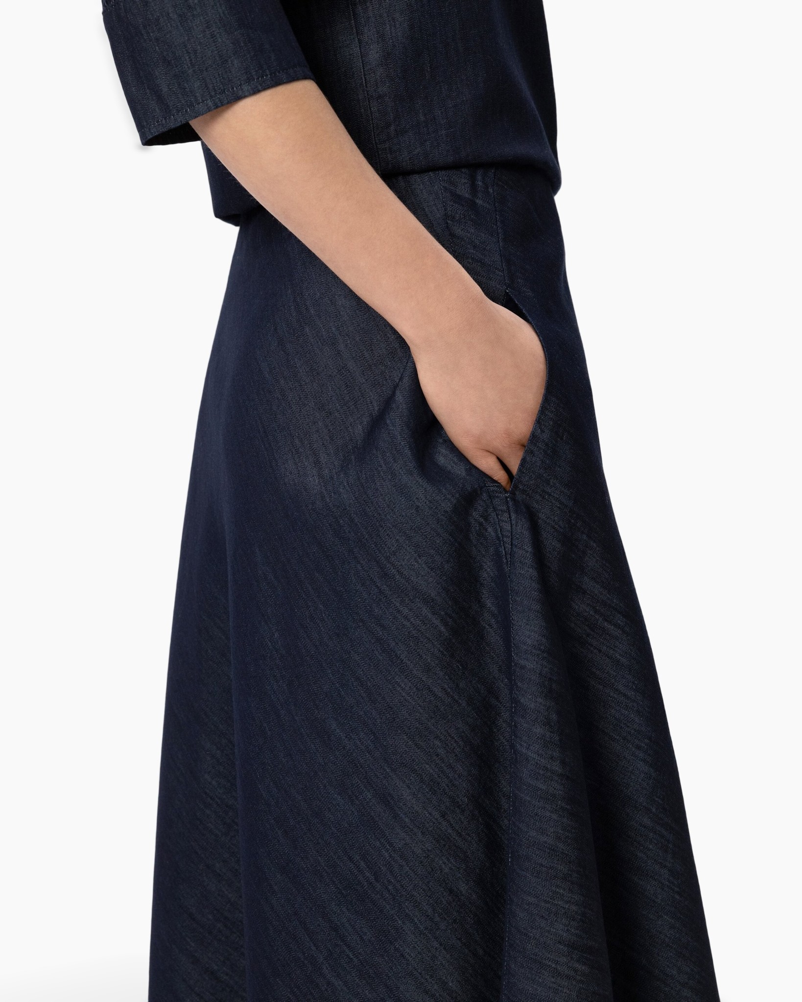 jurk, donkerblauw, zakken, denim, langerem