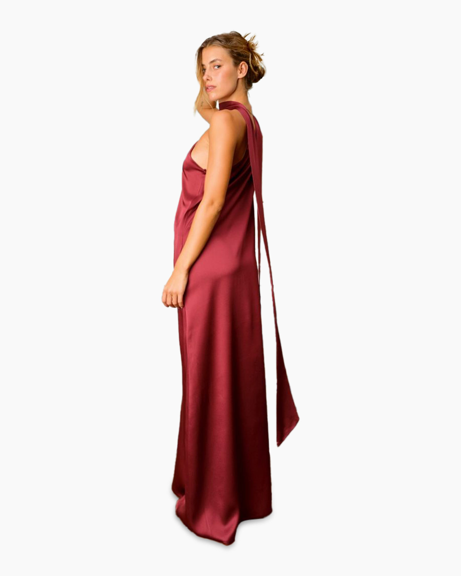 one-shoulder, evening-gown, satin, burgundy, full-length