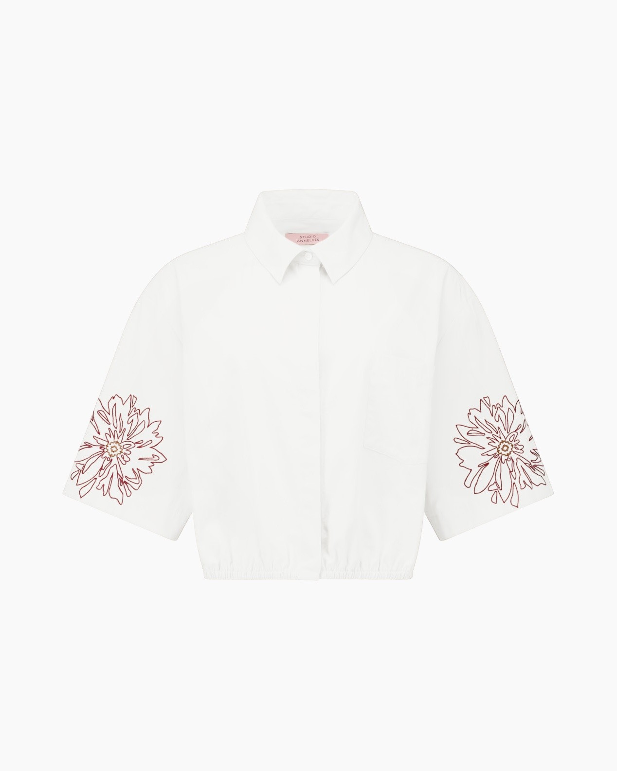 hemd, wit, korte mouw, kraag, embroidery bloem