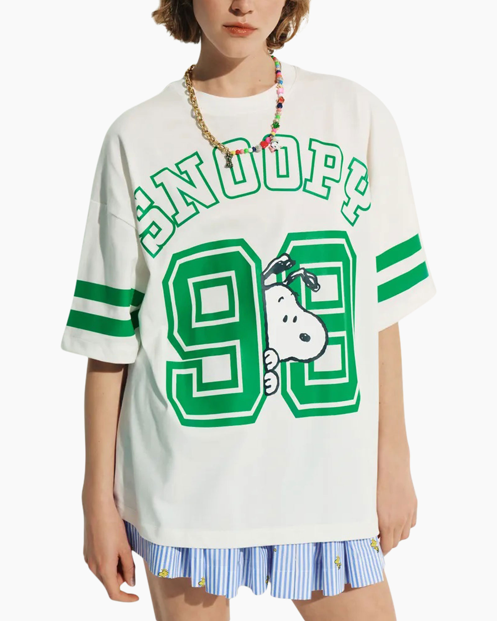 t-shirt, graphic tee, wit, groene print, geribbelde mouwen