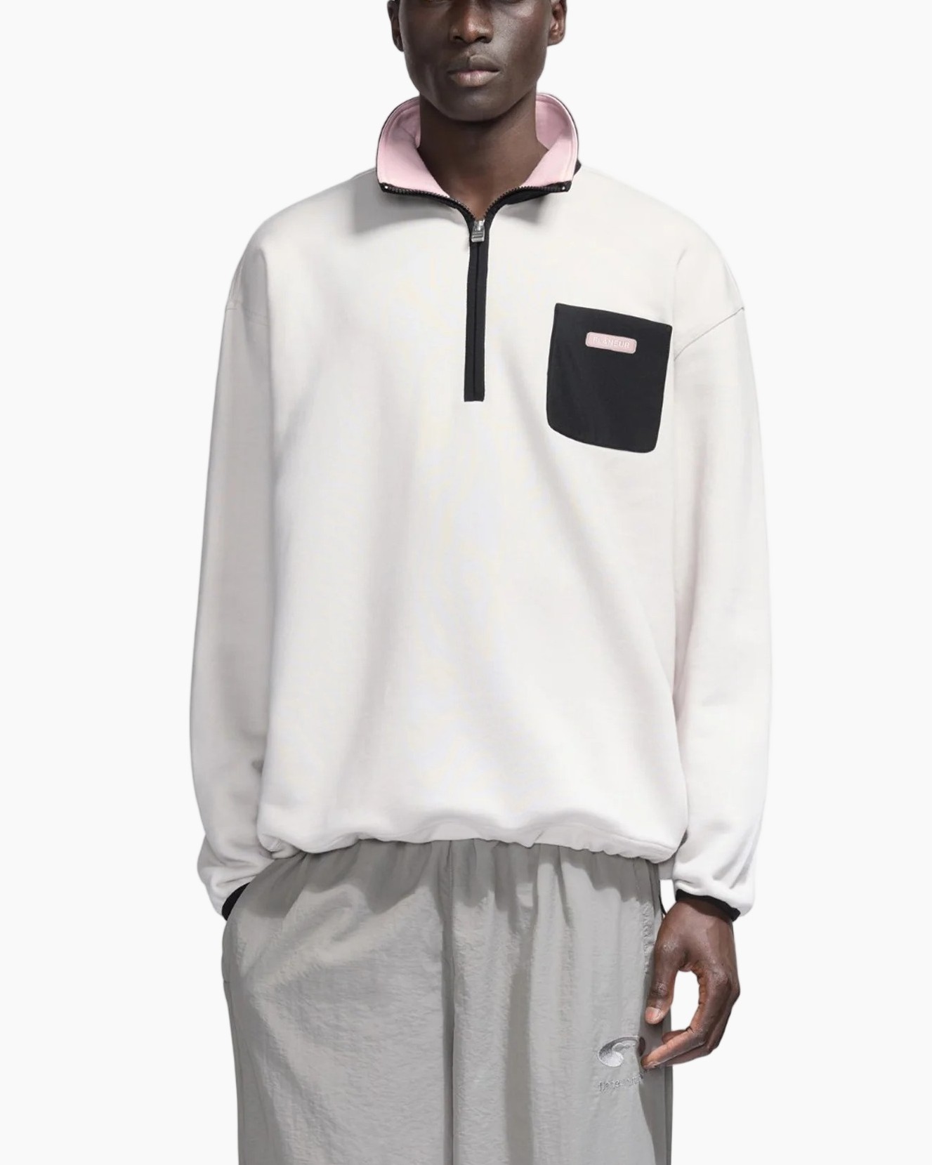 pullover, quater-zip, fleece, zakken?, roze kraag