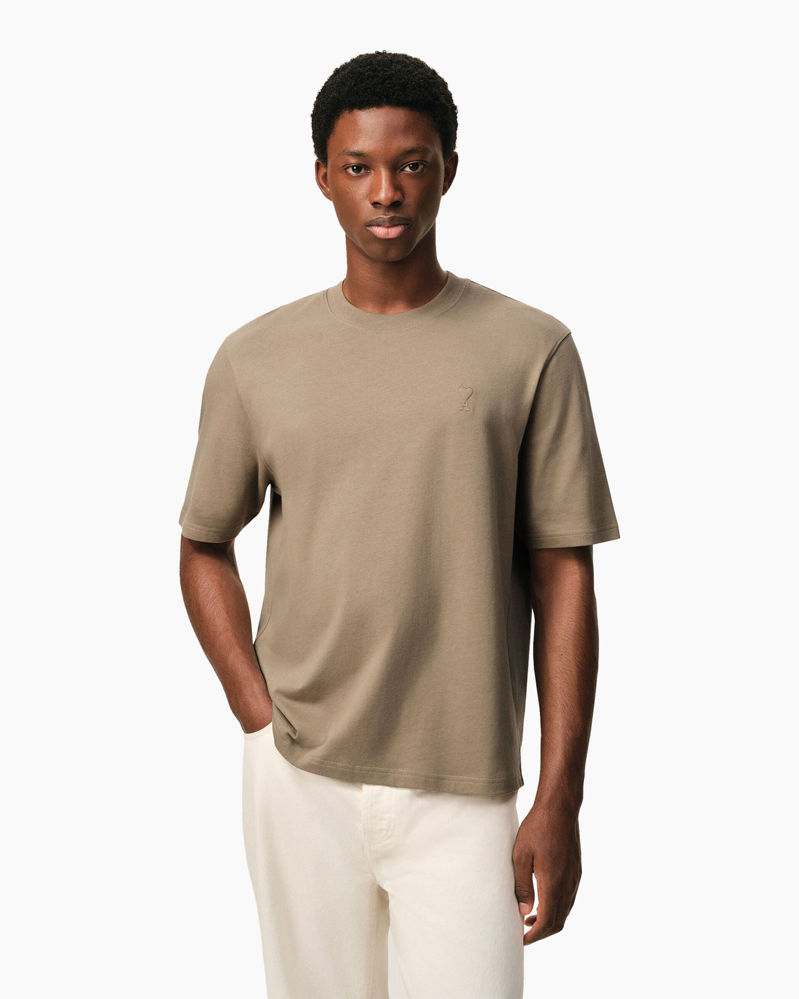 t-shirt, mouwloos, beige, kraagloos, eenvoudig