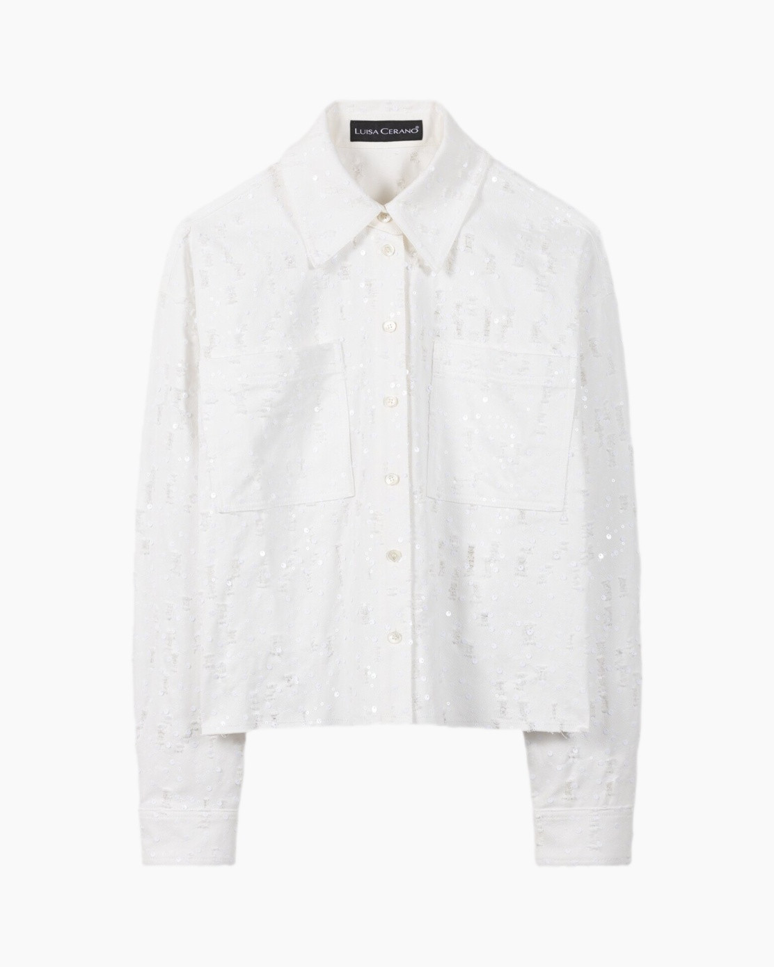 white shirt, sequin detail, collar, button front, long sleeve